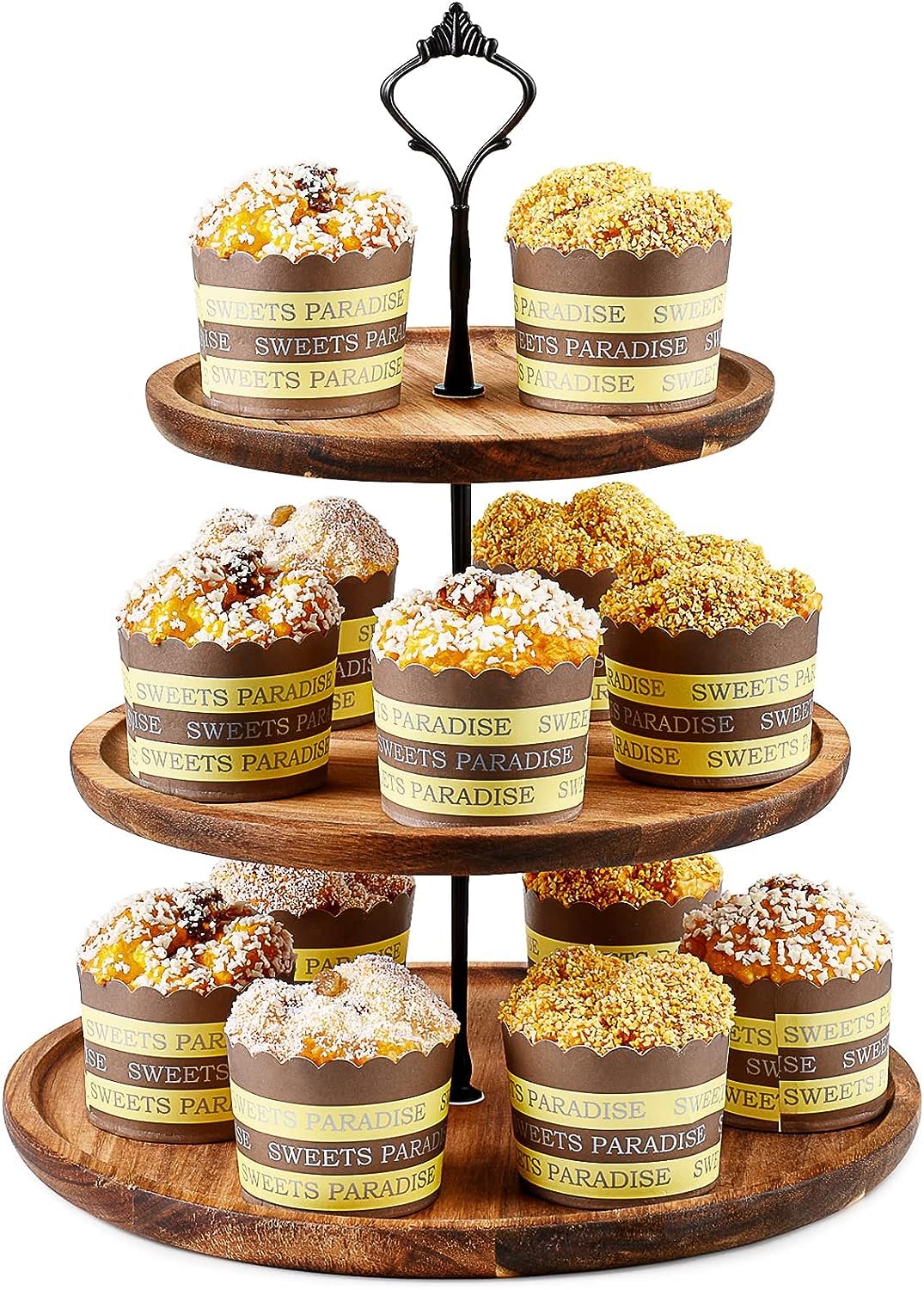 P PIPITA 3 Tier Wooden Cupcake Stand,Large Dessert Table Serving Tray, Rustic Cupcake Stand for 24 Cupcakes Dessert Display for Tea Party, Birthday, Wedding, Farmhouse