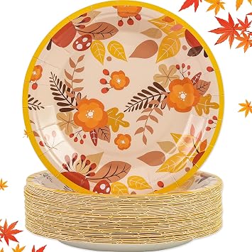 50 Pack Fall Paper Plates,7inch Disposable Fall Maple Leaf Paper Dinner Party Plates for Thanksgiving Birthday Holiday Family Gatherings Parties Maple Leaf