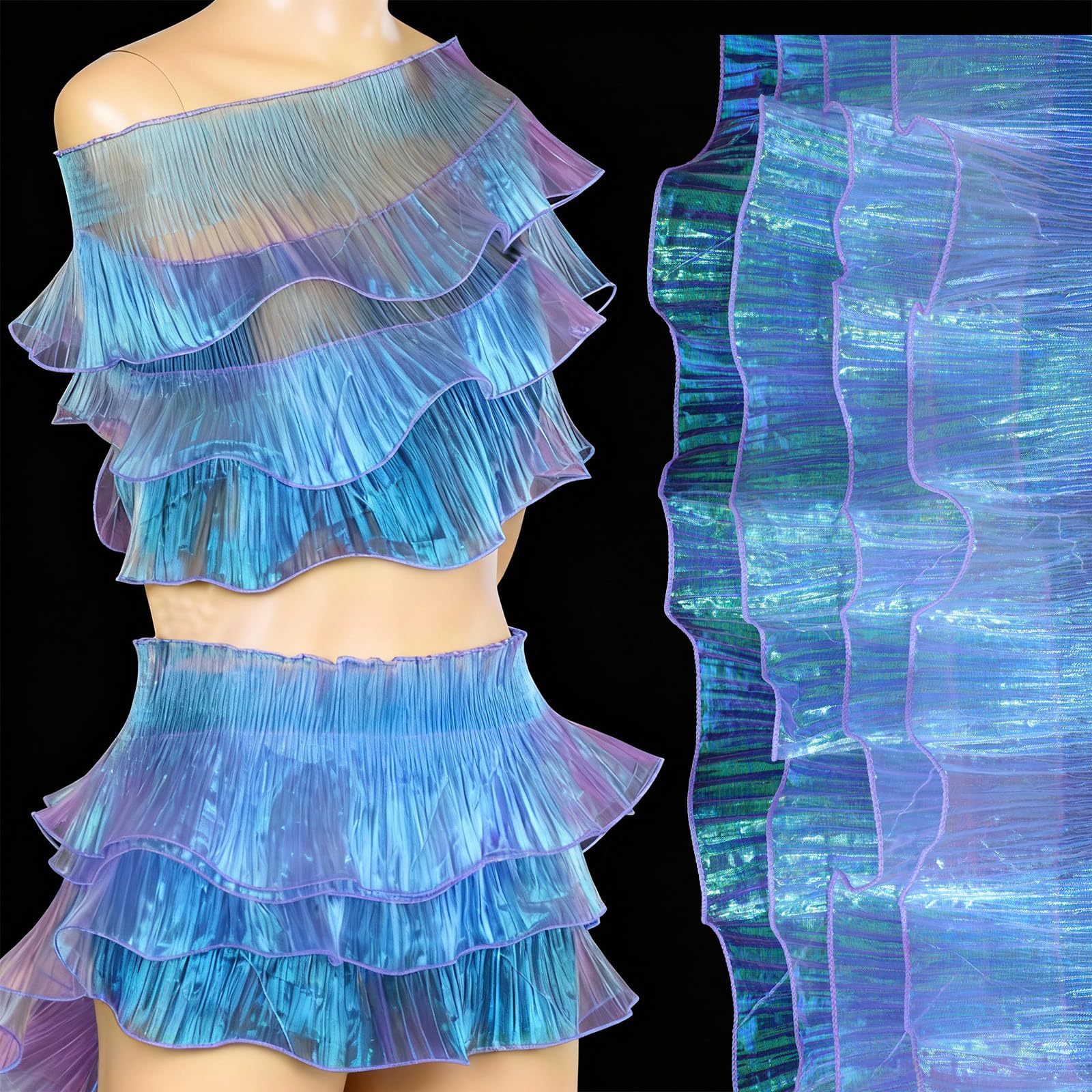 Photo 1 of 20 Yards Iridescent Ruffle Pleated Lace Trim, Gradient Purple Ruffle Trims, Organza Jellyfish Fabric Trim Tulle, Jellyfish Costume Sewing Decoration Fabric, for Hat Dress Hair Cake Decor DIY Craft
