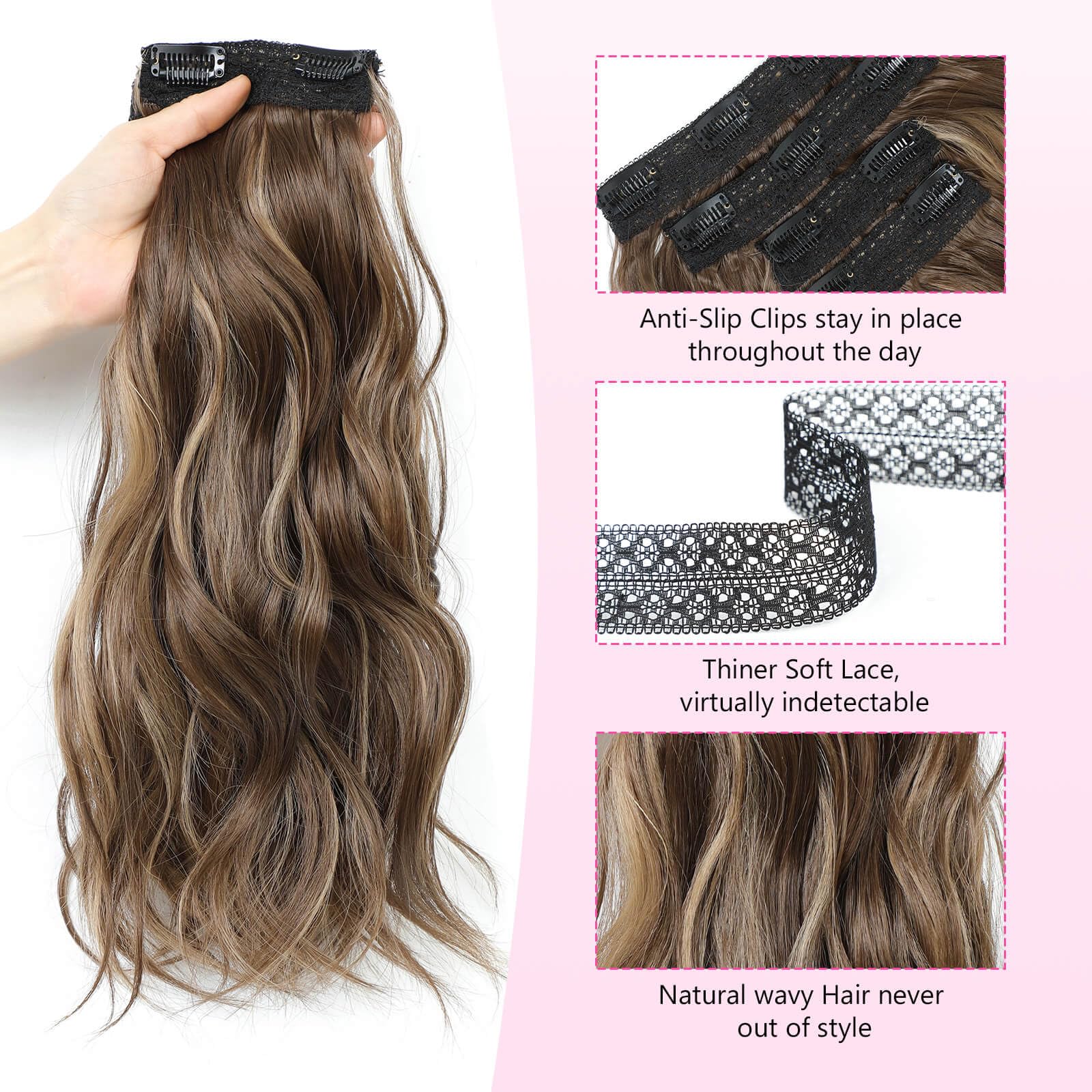 Flyroseing Wavy Curly Hair Extensions, Brown with Highlights 4PCS Hair Extensions Clip in - Image 4