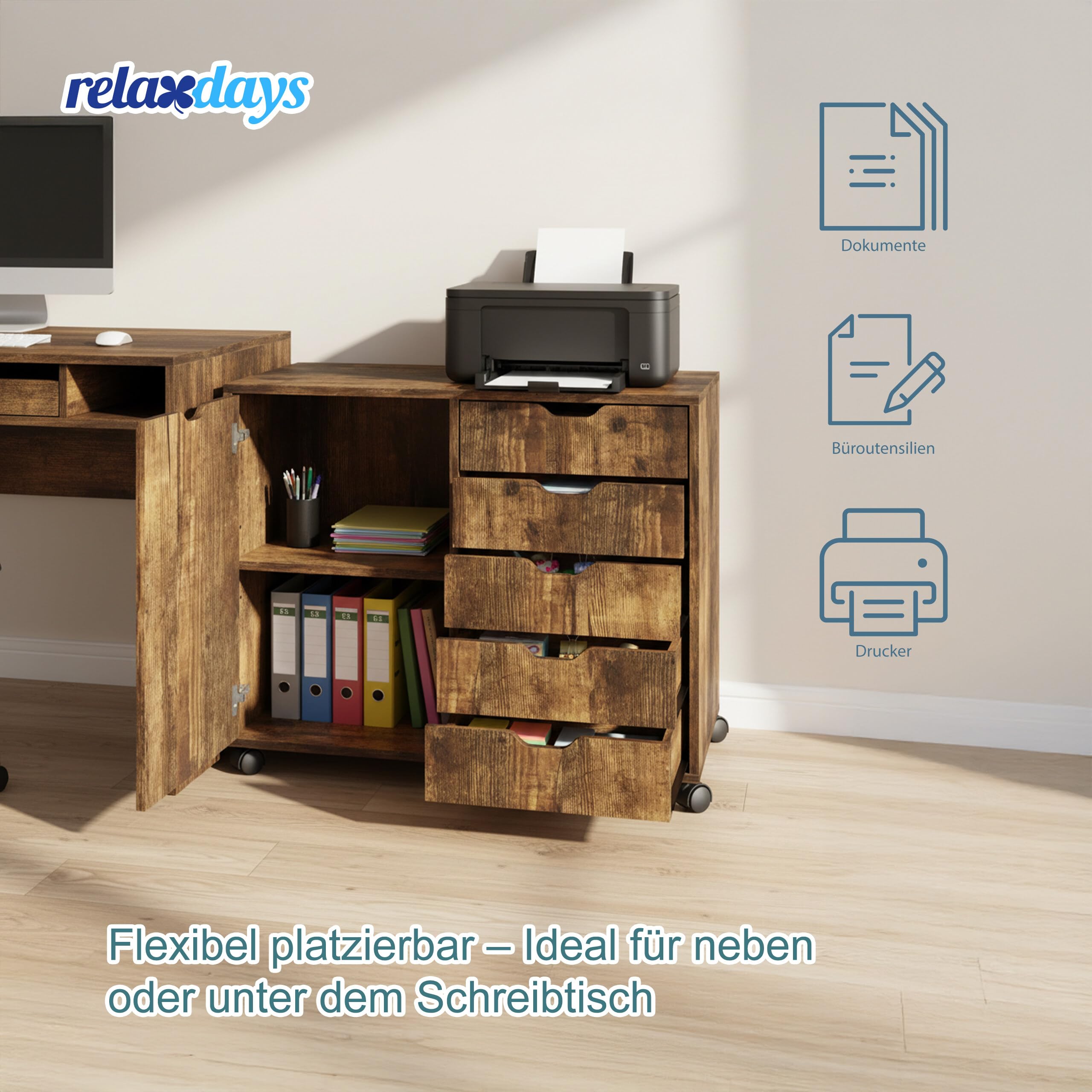 Relaxdays Rollcontainer, 5 Schubladen & 2 Fächer, HBT: 65x78x40 cm, Büroschrank, Aktenschrank mit Rollen, Büro, braun