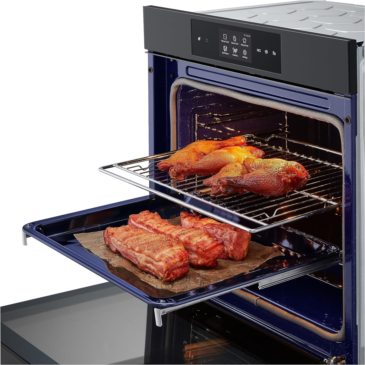 LG InstaView WSED7665B Four encastrable à vapeur, classe A++, 76L, 300°C, écran tactile 4,3", Air Fry, Sous Vide, Mode Pizza, Nettoyage EasyClean, Pyrolyse, Wi-Fi, Charnières amorties, Noir
