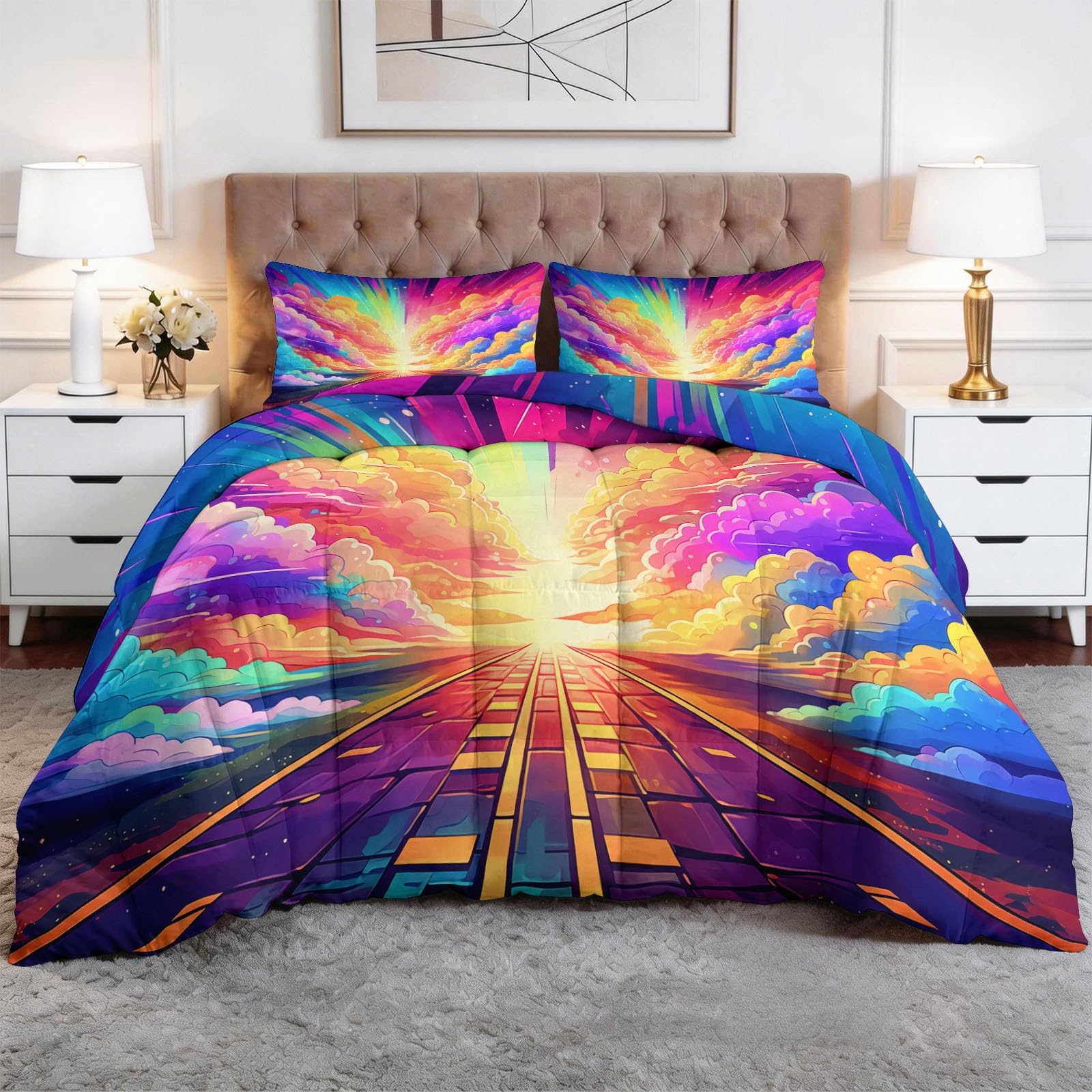 Fantazyjna kołdra Rainbow Geometryczna Chmury Przestrzeń 140 x 200 cm, Wymarzona przestrzeń Lekka kołdra na łóżko - opalizujący kolor miękki koc 4 pory roku, można prać kołdra dla dziewczynek chłopców