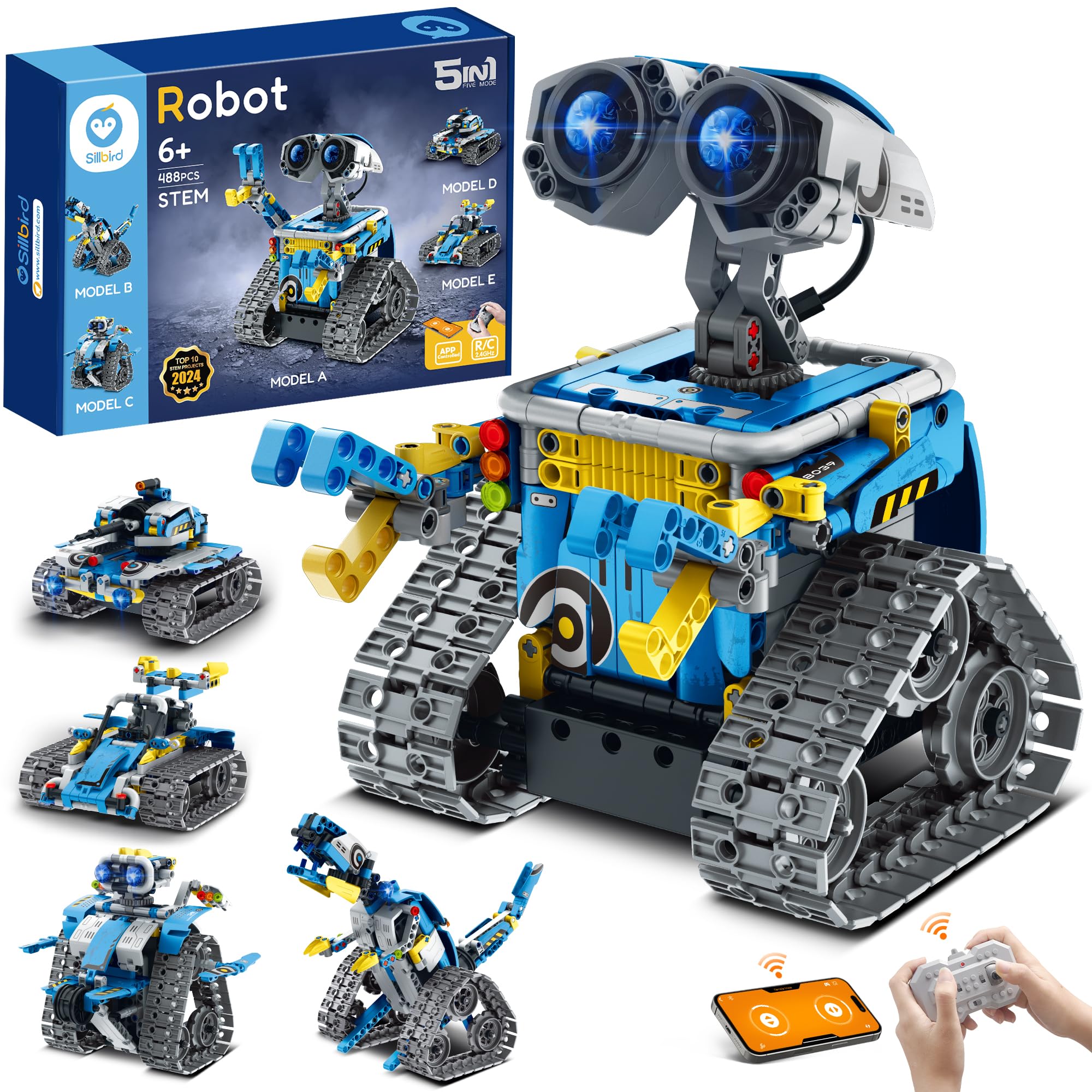Sillbird Robot Building Kit with Remote Control STEM Gifts for Boys Ages 8-12, Technic Coding Robotic Toys for Kids Birthday, Build 5in1 Models with 488 Pieces - BlueSillbird Robot Building Kit with Remote Control STE…