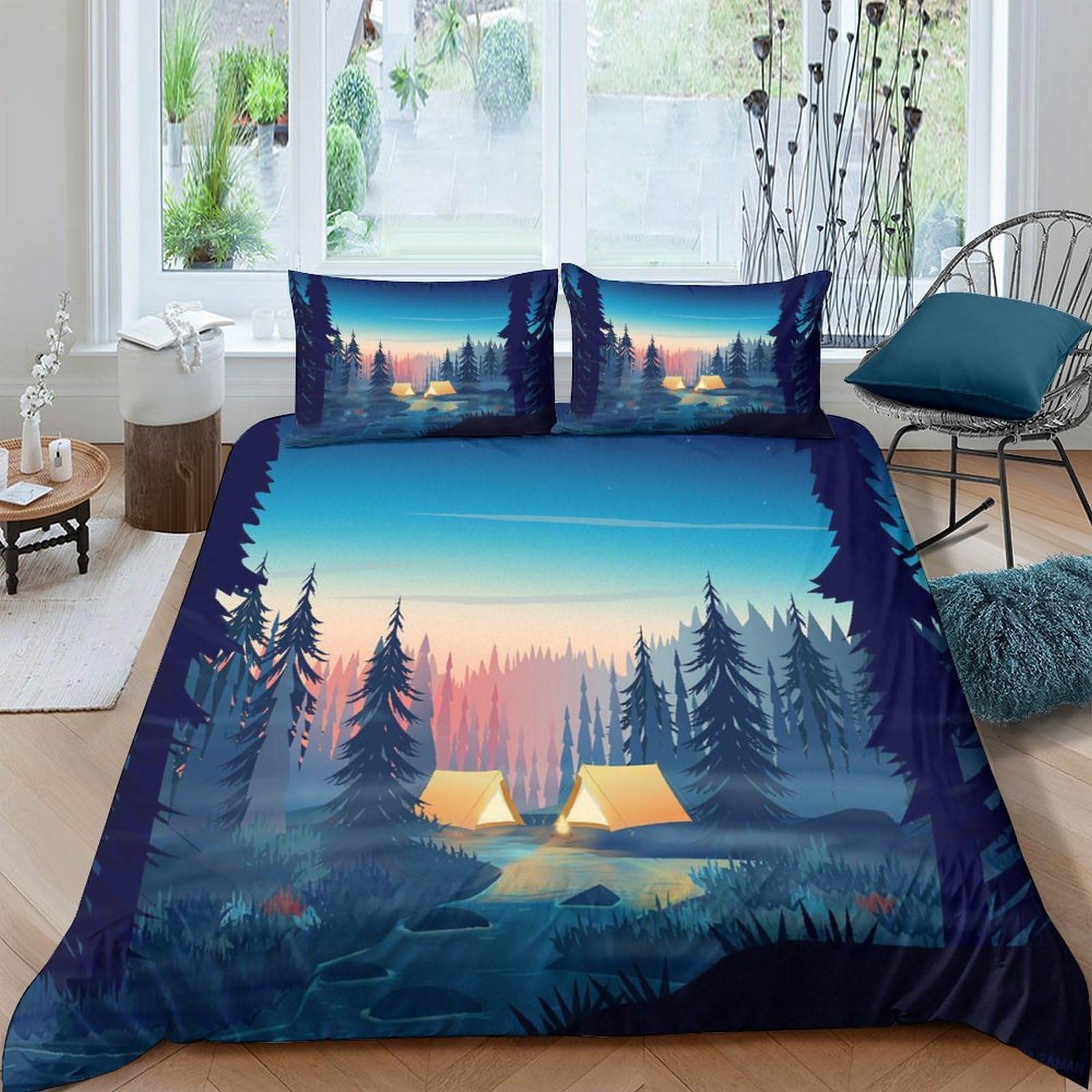 Ctjqhvkz Style-5 3D Printed Forest Camping Tent Fitted Sheet Microfiber Soft Bed Cover For Bedroom Guest Room Decor Protection Single（135X200cm）