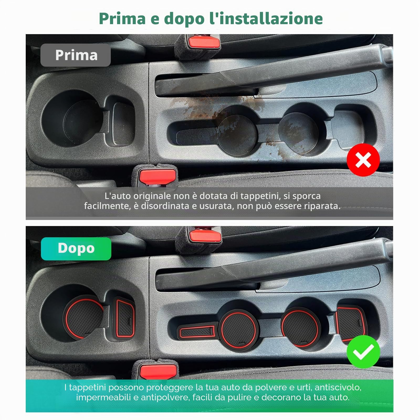 GAFAT Compatibile con Opel Corsa F 2020-2024 2025 (Freno Manuale) Tappetini Antiscivolo, Corsa F 2024 Tappetini in Gomma per Console Centrale, Cuciture per Porta [Non per Automatico & EV] (Rosso)