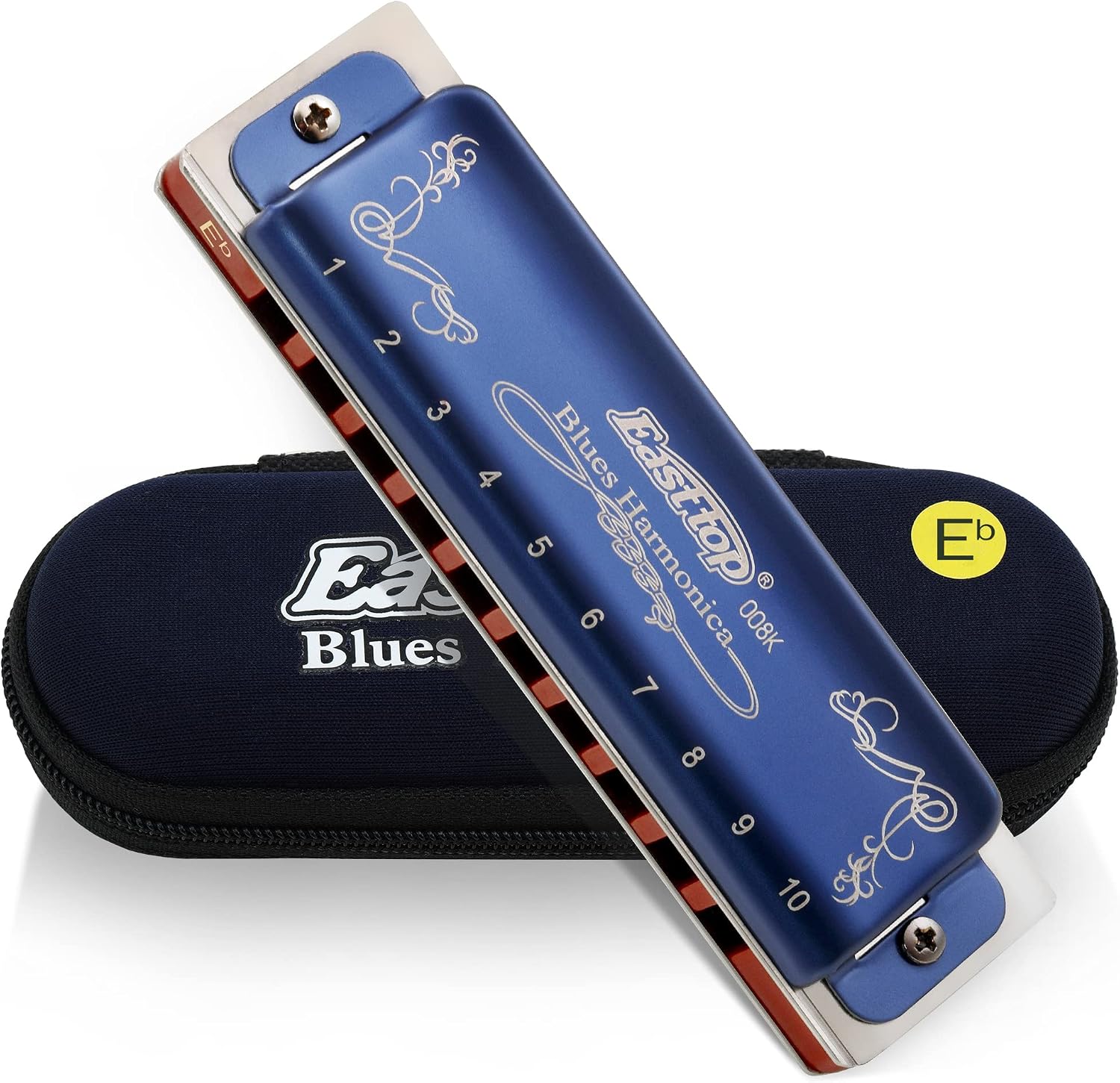 East top Diatonic Harmonica Key of Eb, 10 Holes 20 Tones 008K Diatonic Blues Harp Mouth Organ Harmonica with Blue Case, Standard Harmonica For Adults, Professionals and Students