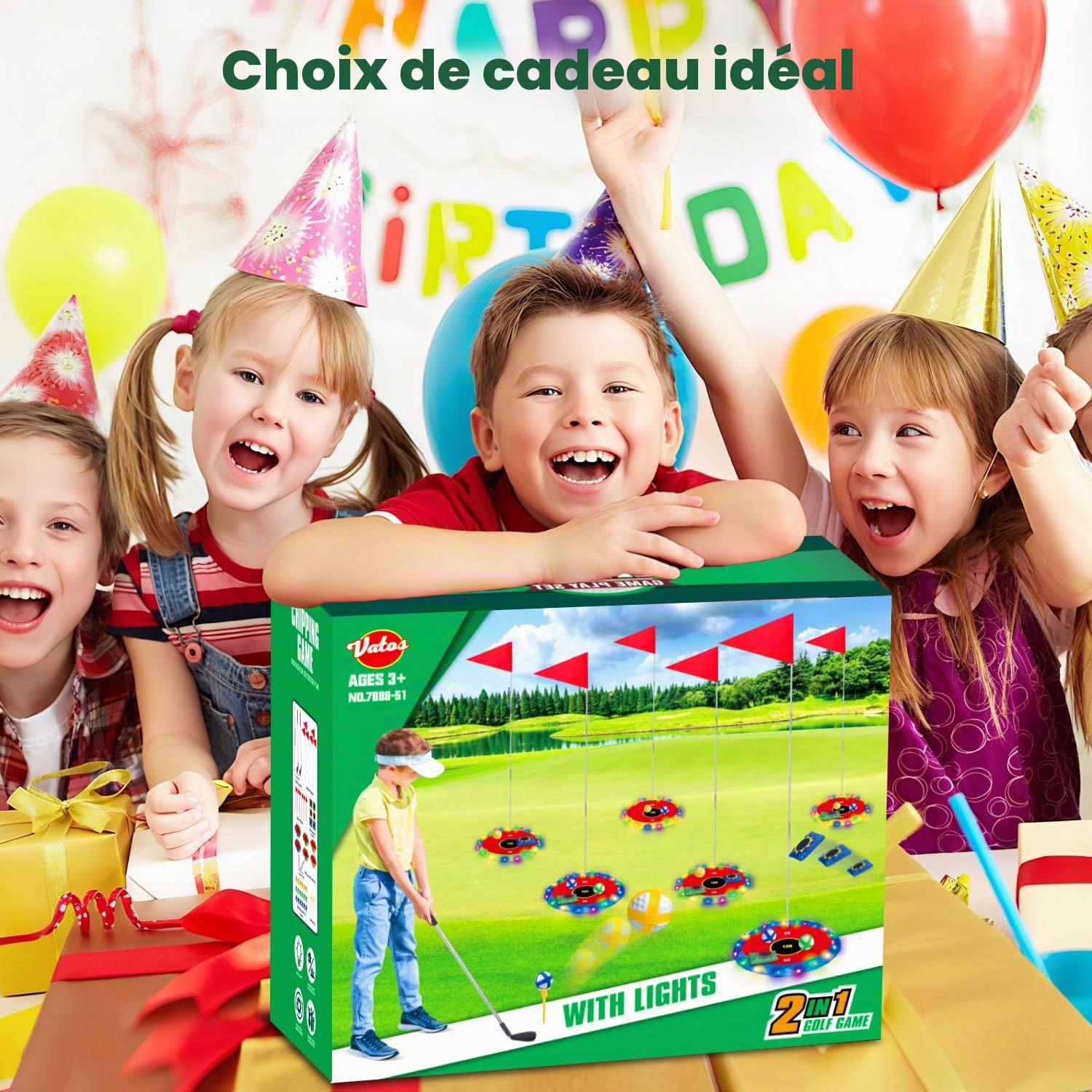 VATOS Golf lumineux 2 en 1 pour enfants – Jeu de golf et lancer de pouf avec 6 cibles LED, 2 clubs, 18 balles, jeu de golf de nuit pour intérieur et extérieur, fête, cour, cadeau de golfeur, jouets de