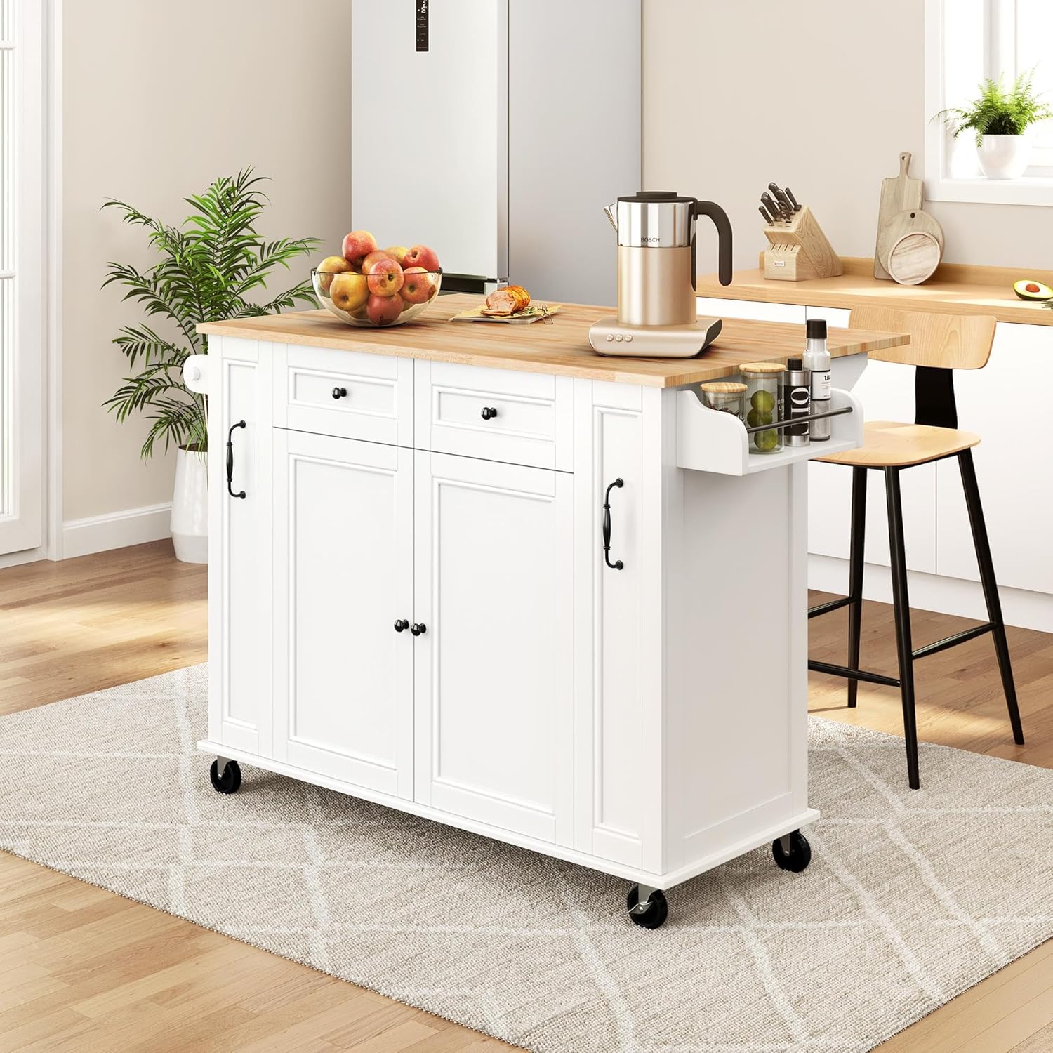 Yaheetech Kitchen Island Cart with Storage Cabinet, 52" W Rolling Kitchen Island with Drop Leaf on 5 Universal Wheels, 2 Drawers & Pull-Outs, Adjustable Shelves for Dining Room, White