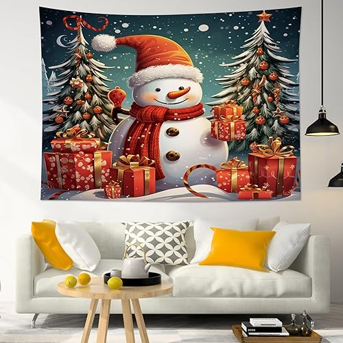Miniatura 2 de HVEST Tapiz navideño de muñeco de nieve para colgar en la pared, divertido muñeco de nieve con sombrero rojo de Navidad y tapiz de regalo, tapiz de