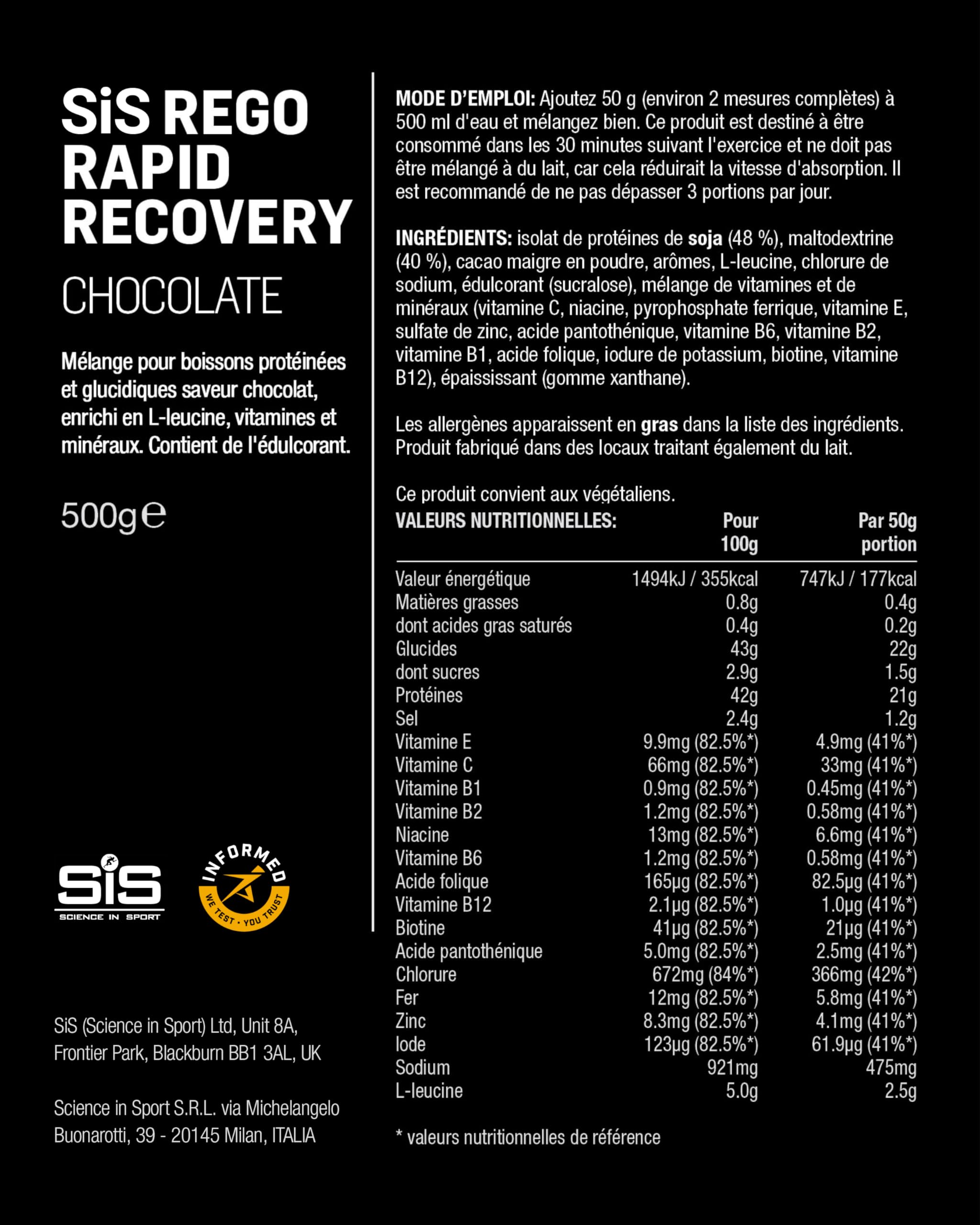 Science in Sport Rego Rapid Recovery Poudre 500g Chocolat Vegan - Poudre récupération avec glucides, protéines, électrolytes, vitamines et minéraux, soutient un entraînement efficace