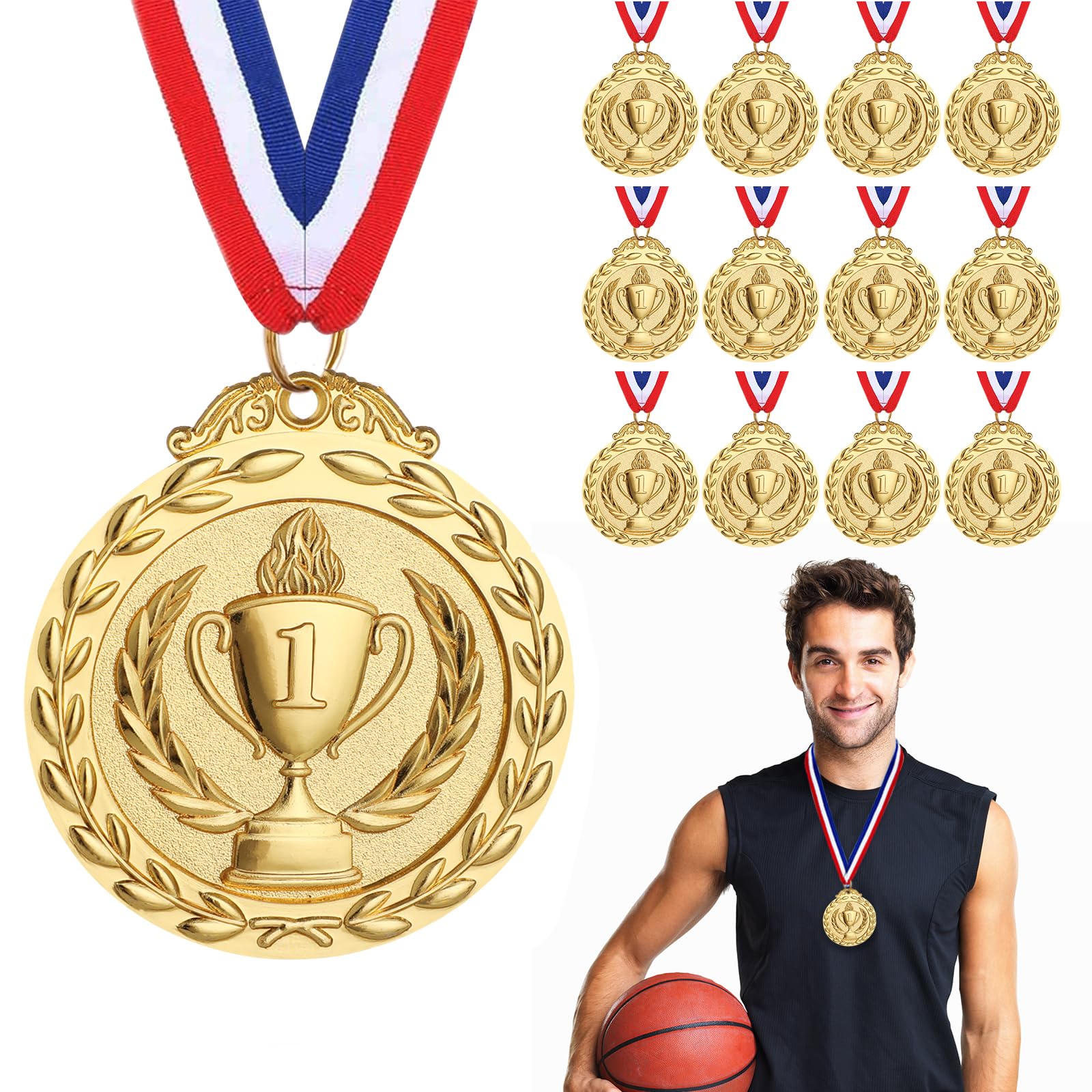 Hianjoo 12 sztuk złotych medali z kołnierzami, medal dla dzieci do meczu piłki nożnej, medale zwycięzców sportu, klubu piłkarskiego, metalowe medale (wersja pochodnia)