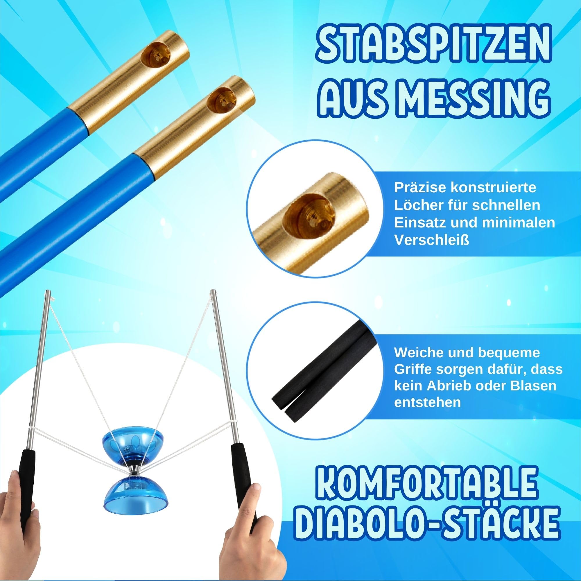 LED Diabolo mit Kugellager - 4,5mm Jonglier Set Leuchtend im Dunkeln | Licht Diabolo für Kinder & Erwachsene, Anfänger & Profis | Freilauf Zirkus Spielzeug für Indoor & Outdoor