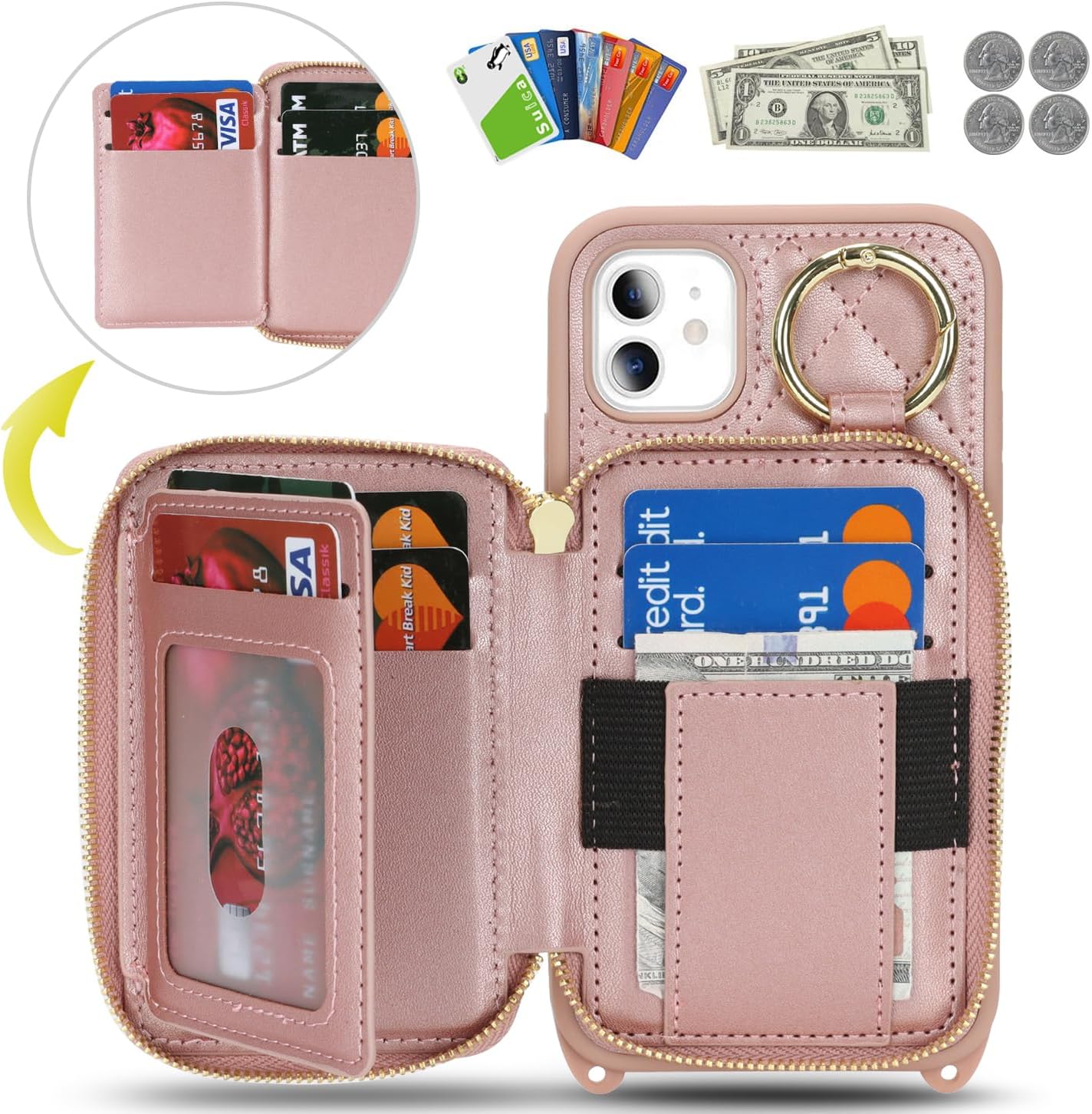 Crossbody Wallet Case for iPhone 11, PU Leather Zipper Handbag Purse Flip Cover, Kickstand Folio Case with Card Slots Holder Wrist Strap Lanyard 6.1 Inch-Rose Gold - Image 2