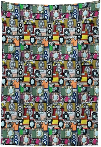 Lunarable Tapiz retro tamaño King, patrón de cámara retro grunge, ilustración de estilo de dibujos animados, diseño de tecnología vintage, colcha