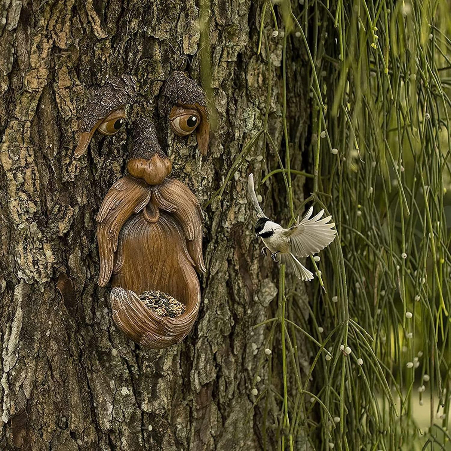 Unique Outdoor/Indoor Tree Face Bird Feeder, Funny Old Man Tree Sculpture, Tree Hug Yard Art & Garden Decor