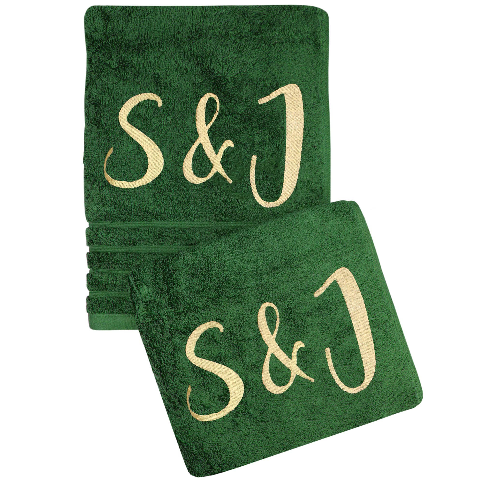 Personalised Couple Embroidered Towels Gift Set (Forest Green, Hand Towels)