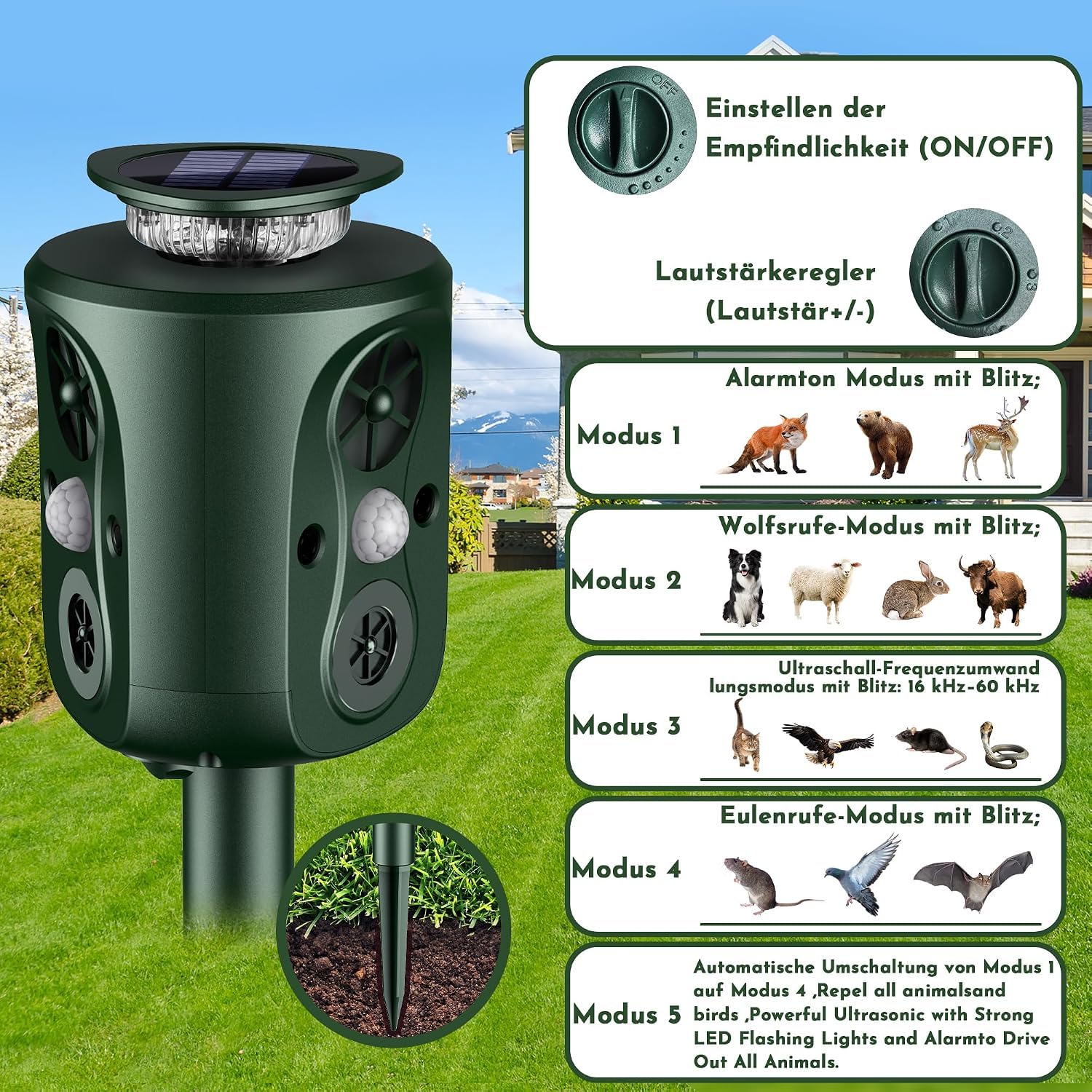 Katzenschreck Ultraschall Solar Tiervertreiber, 360° Marderschreck mit LED-Licht Katzenabwehr Marderabwehr Garten IP66 Wasserdicht 5 Modus Waschbär Abwehr für Katzen Hunde Marder Mäuse Vögel