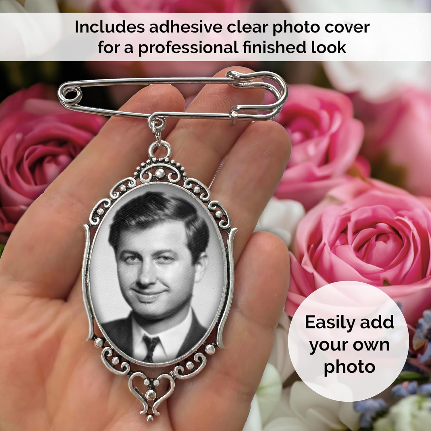 Wedding Boutonniere Bouquet Charm Pin Large Size Oval Photo Charm Mother of the Bride Gift for Groom with Photo Resizing Software - Image 2