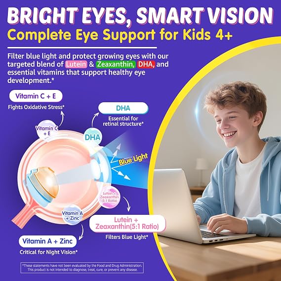 Kids Multivitamin Gummies + Iron, Kids Focus Gummies with Omega-3, Brain Attention Supplements, Memory, Vision, w/ Lutein, Methylated Folate & B12, Probiotics, Fiber, Children Vitamins for Growth 2P