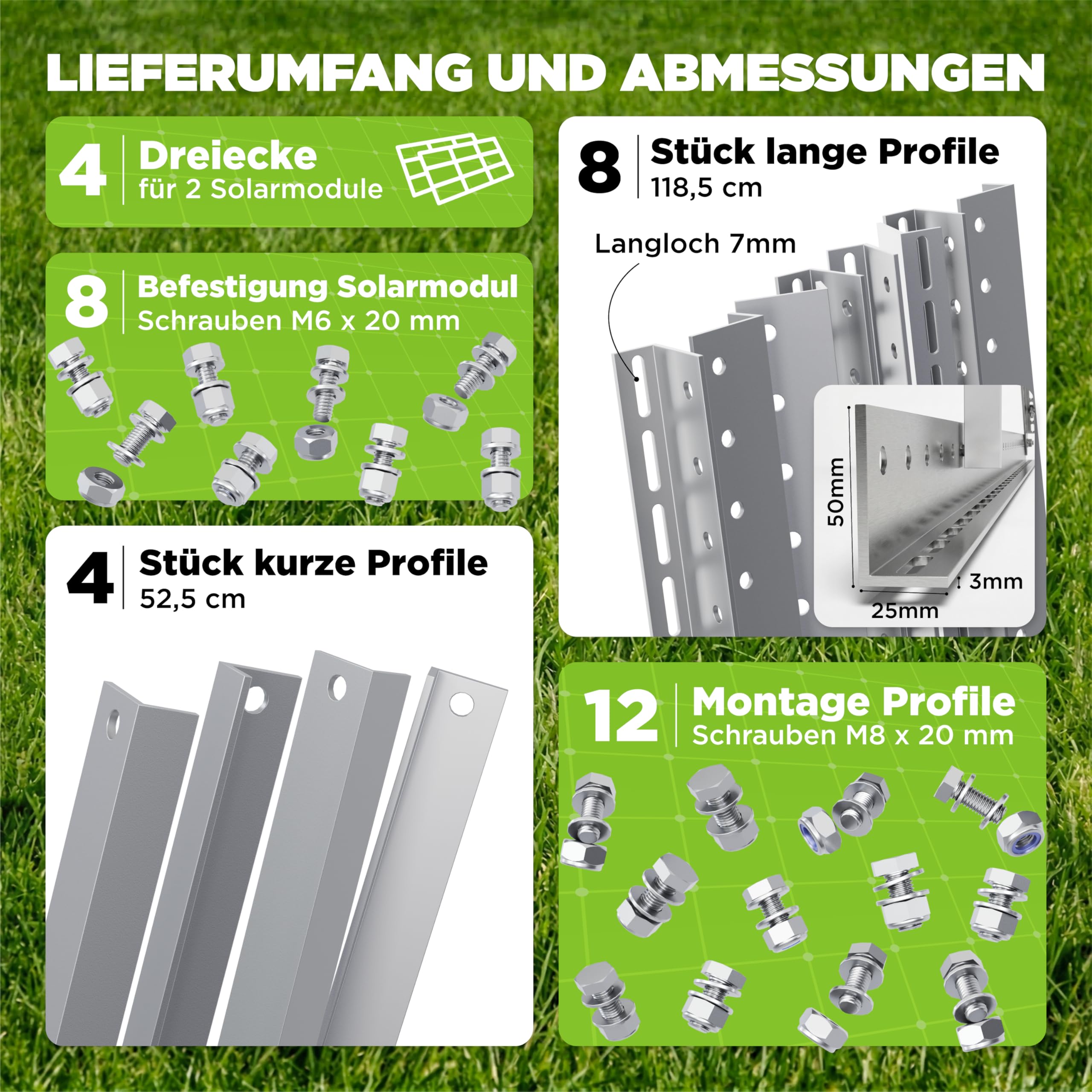 Drei Eichen - 4x Balkonkraftwerk Halterung.118cm stabiles 3mm Aluminiumprofil mit hochwertigen Edelstahl Schrauben für 2x Solarmodul Halterung. Befestigung für PV-Module Halterung Solarmodul 0% MwSt