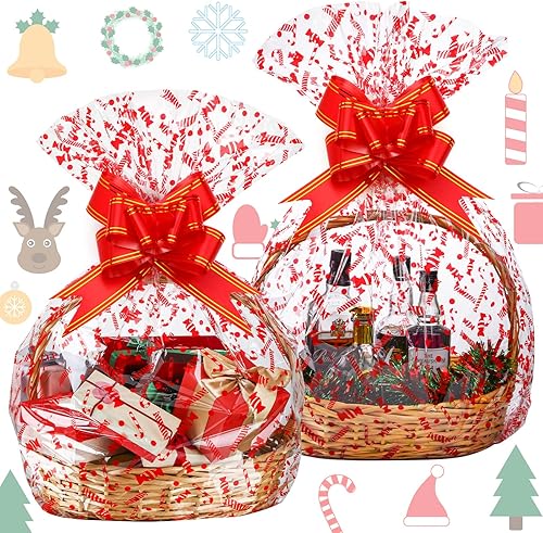 Zonon 20 bolsas grandes de cesta de Navidad de 35 x 23 pulgadas, bolsas de celofán transparentes con copos de nieve, bastones de caramelo a cuadros