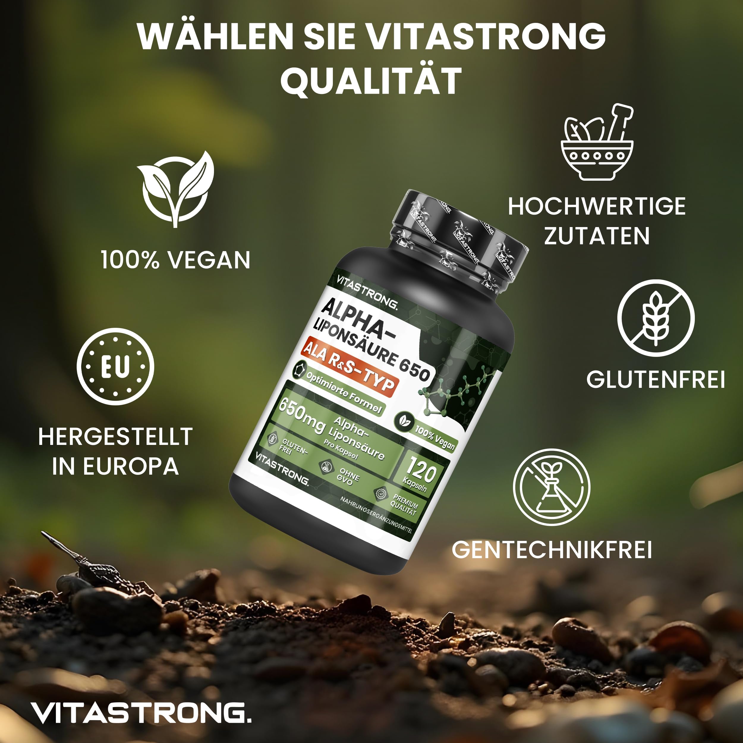 Alpha Liponsäure mit Zink Hochdosiert 650mg, Optimierte Formel von S und R Alpha Liponsäure, Alpha Lipoic Acid ALA 100% Vegan, 120 Gluten- und GMO-freie Alpha-Liponsäure Kapseln, Vitastrong Qualität