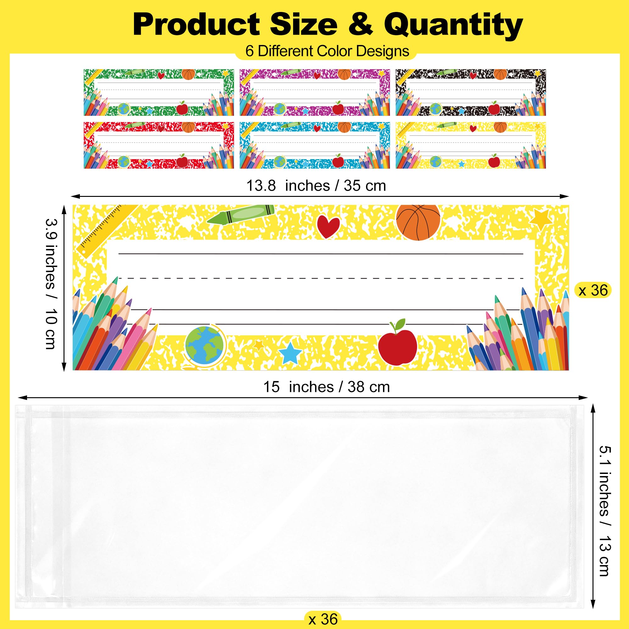 Aodaer Lot de 36 étiquettes de nom autocollantes pour salle de classe - 35 x 10 cm - Avec couverture transparente - Pour décoration de salle de classe, jardin d'enfants, fournitures préscolaires