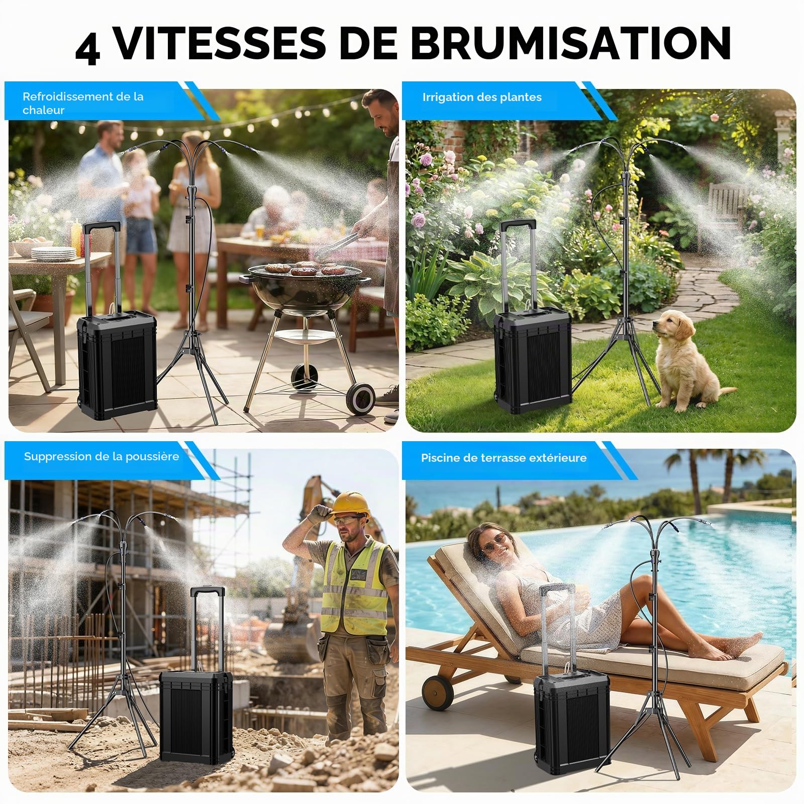 Système de brumisation portable avec seau roulant de 15 L, brumisateur debout alimenté par batterie 10 000 mAh pour terrasse extérieure, réglable en hauteur, ensemble de refroidissement mobile pour