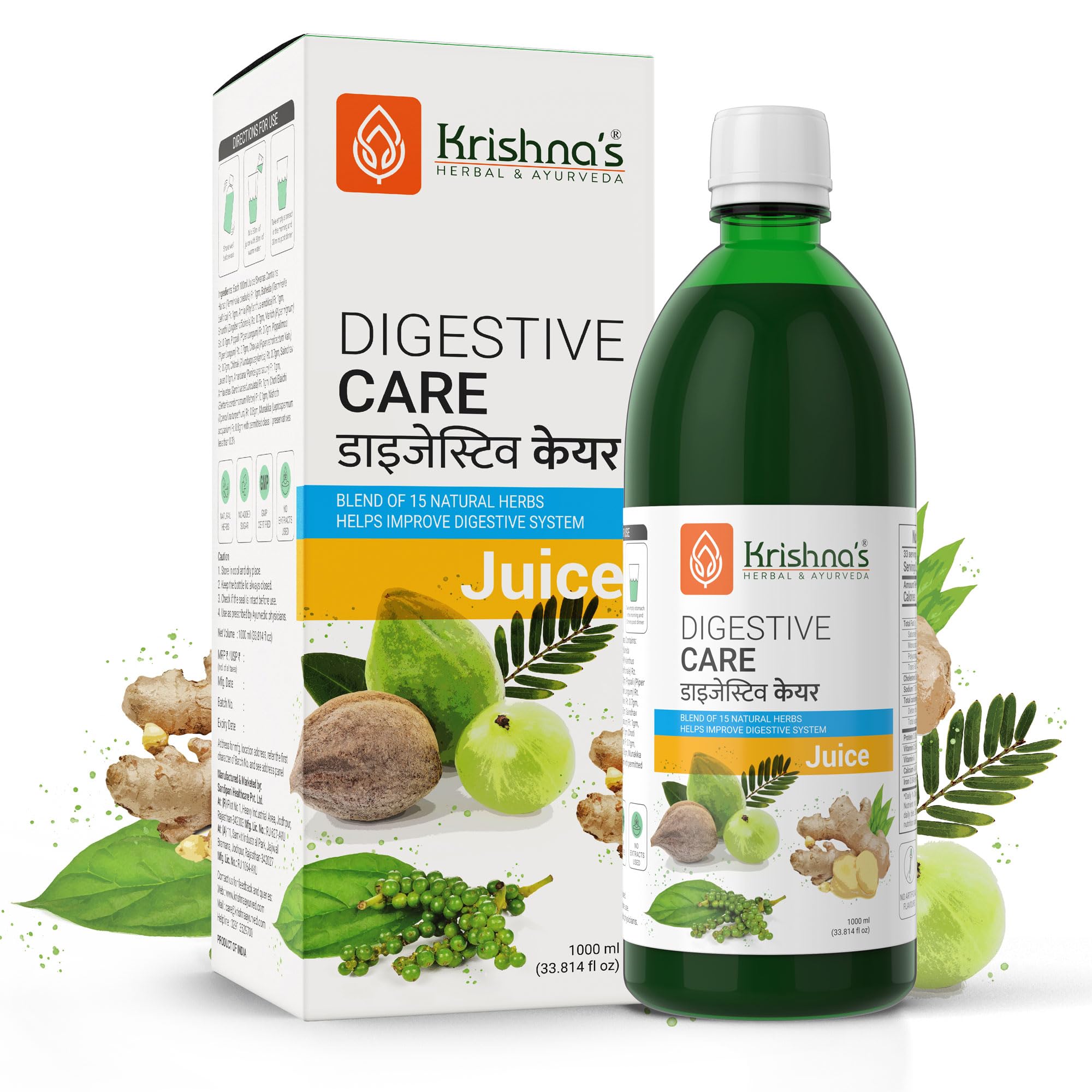 KRISHNA'S HERBAL & AYURVEDA Digestive Care Juice - 1000 ml | Goodness Of Amla, Ginger, Chitrak, Anaardana, Baheda For To Help In Digestion And Metabolism, Pack of 1