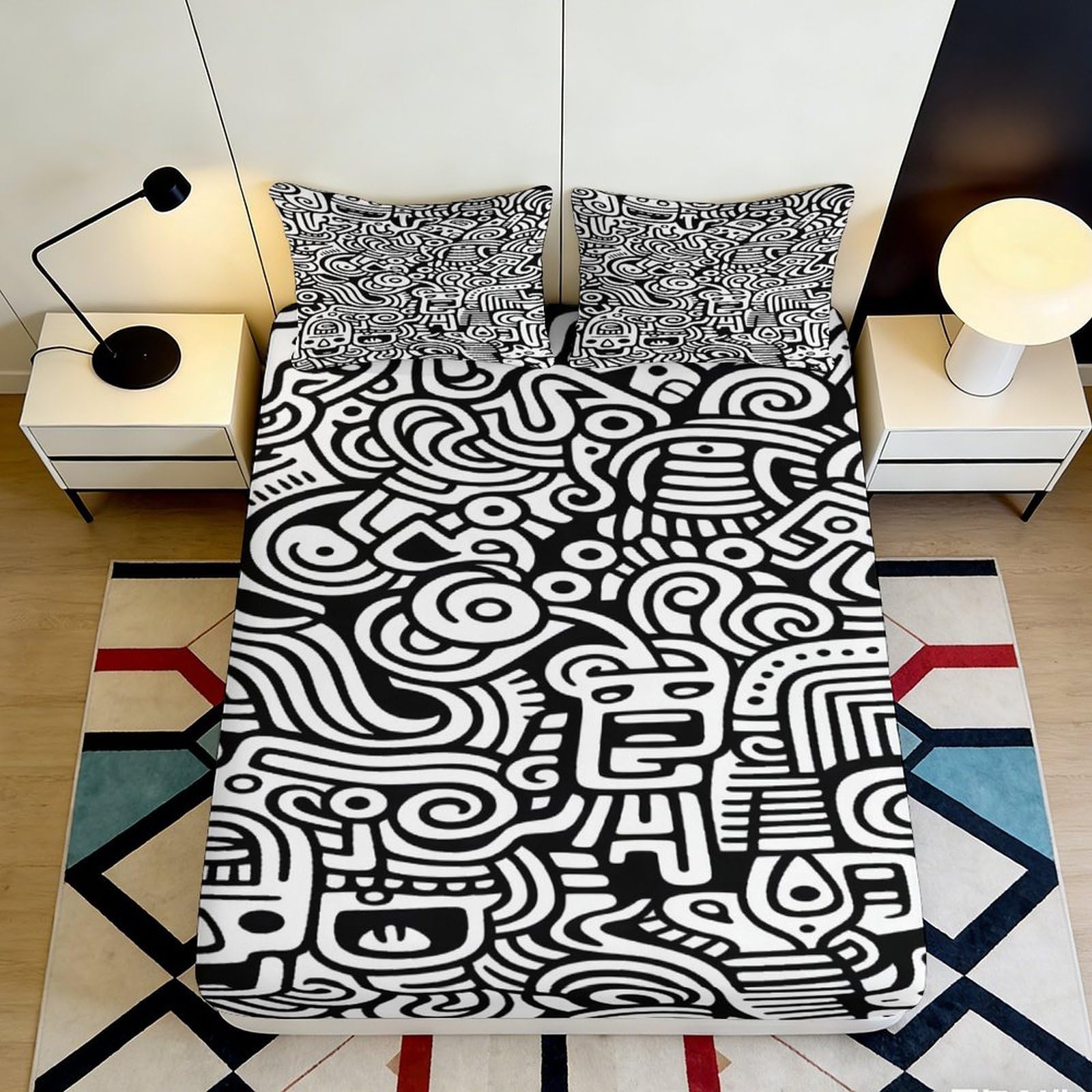 Jqzkxnhpbr Style-6 3D Printed Abstract Graffiti Fitted Sheet Microfiber Soft Black White Doodle Bed Cover For Bedroom Dorm Mattress Protector 90X200x25cm