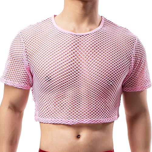 YUFEIDA Men's Sports Undershirts Fishnet Crop Top Mesh See Through Crops Half Tank Tops Novelty T-Shirts Undershirts for Men - M - Shirts Pink