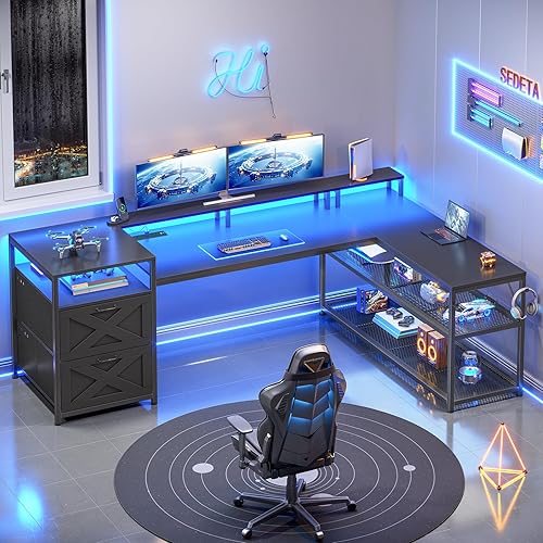 Miniatura 17 de SEDETA Escritorio en forma de L de 67 pulgadas con cajones, escritorio de oficina para computadora con estantes de almacenamiento y toma de Marrón