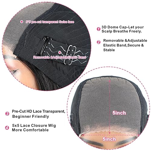 Miniatura 3 de Peluca de cabello humano precortado con cierre de encaje HD transparente de 5 x 5, sin pegamento, densidad del 180 %, color negro natural,