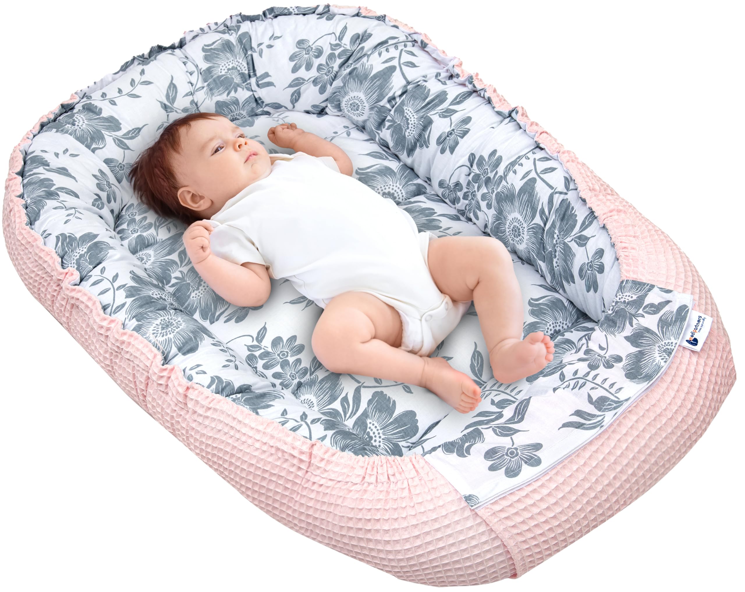 Medi Partners Riduttore Lettino Neonato - 100x60x15 Nido Antisoffoco Neonati Bozzolo Culla per Bebè neonata bilaterale Cuscino 100% Cotone Waffle (Berry con rosa Waffle)