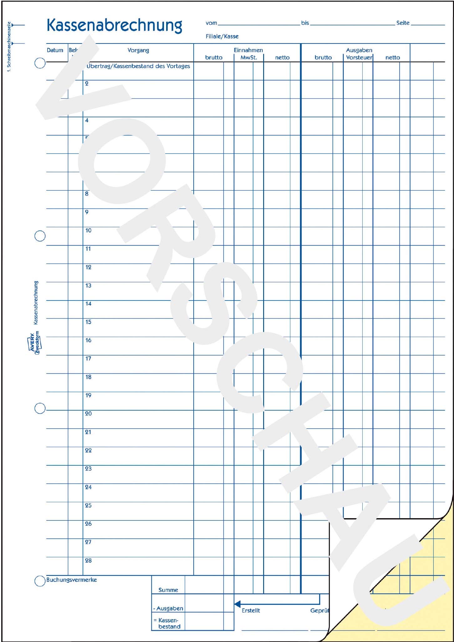 AVERY Zweckform 427-5 Kassenabrechnung (A4, 2x50 Blatt, 1 Blatt Blaupapier, MwSt.-Spalte für Einnahmen & Ausgaben, von Rechtsexperten geprüft, für DE/AT, ordungsgemäße Buchführung) 5er-Pack, weiß/gelb
