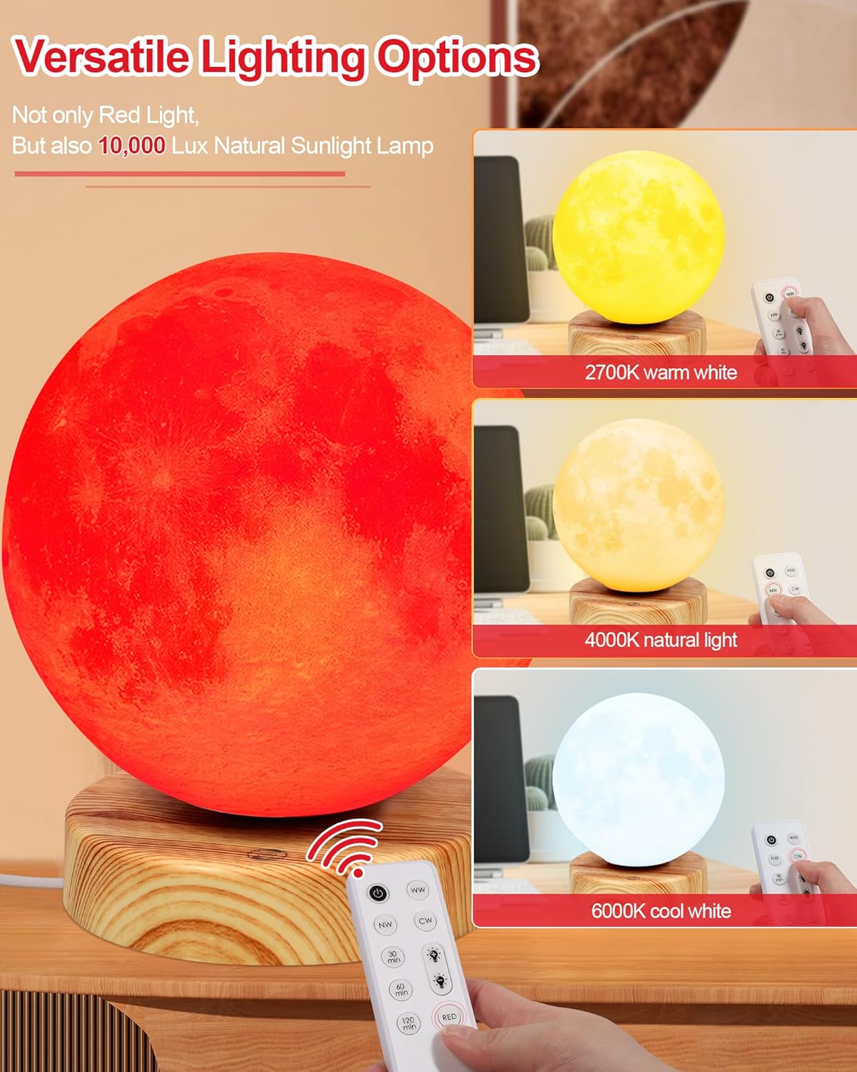 Red Light Therapy Night Light Lamp for Sleep 670nm Red Moon Nightlight Desk Lamp with Multi-Color and Brightness Options Remote Control USB Charging Elegant Design