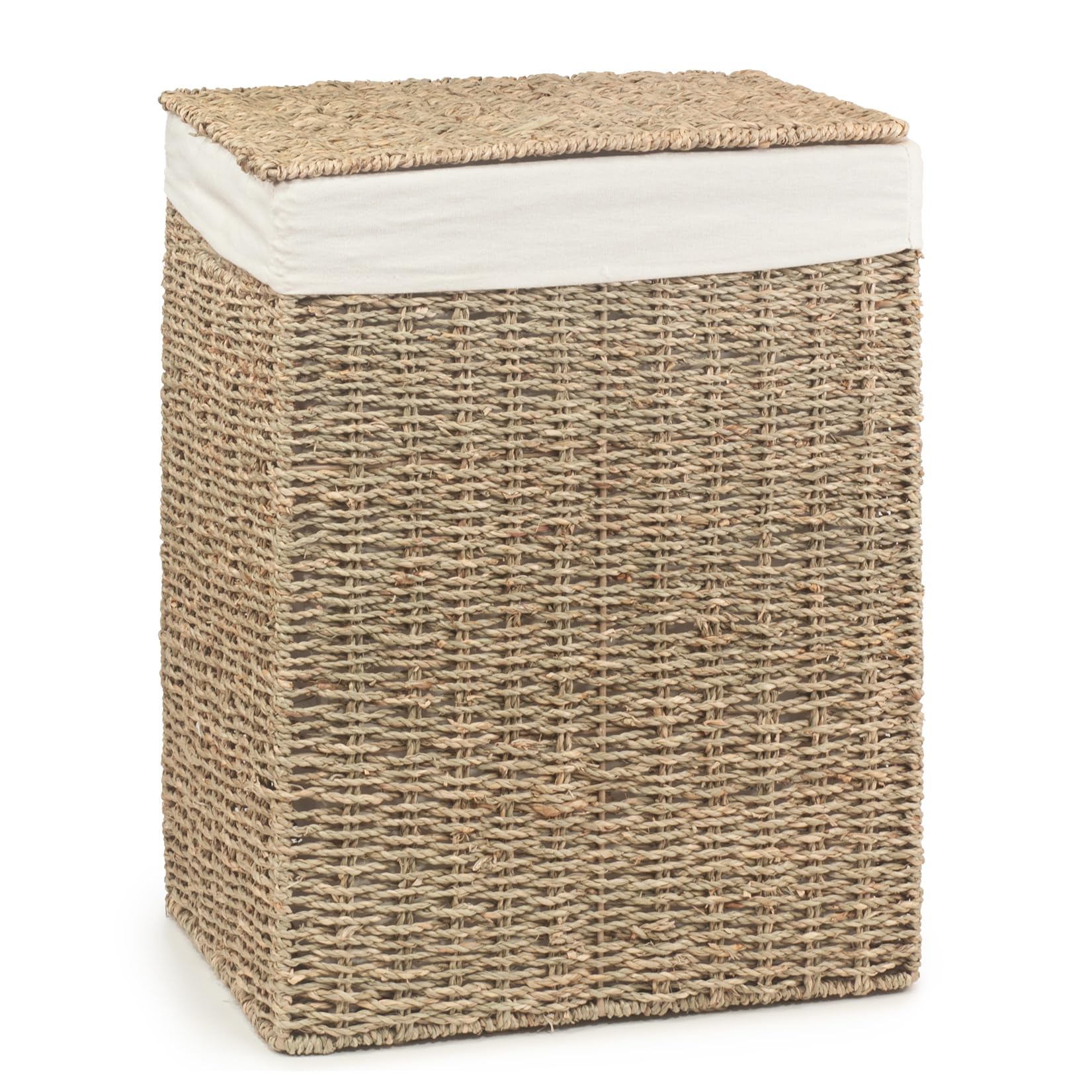 Woodluv Laundry Basket With lid Medium, Seagrass Laundry Hamper Bin Storage Organiser, Washing Basket for Dirty Clothes Bathroom, Natural, 39 x 29 x 49 (H) cm