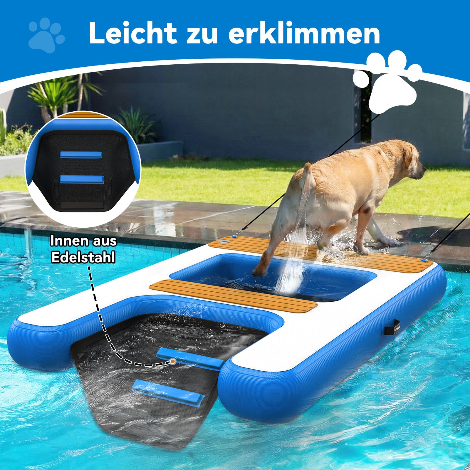 Aufblasbare Hunderampe, 170x120cm, Bis 150kg | Schwimmend, 2-in-1 Plattform & Rampe, Reißfest, für Boote/Pools/Docks, Gelenkschonend für ältere Hunde, einfache Lagerung