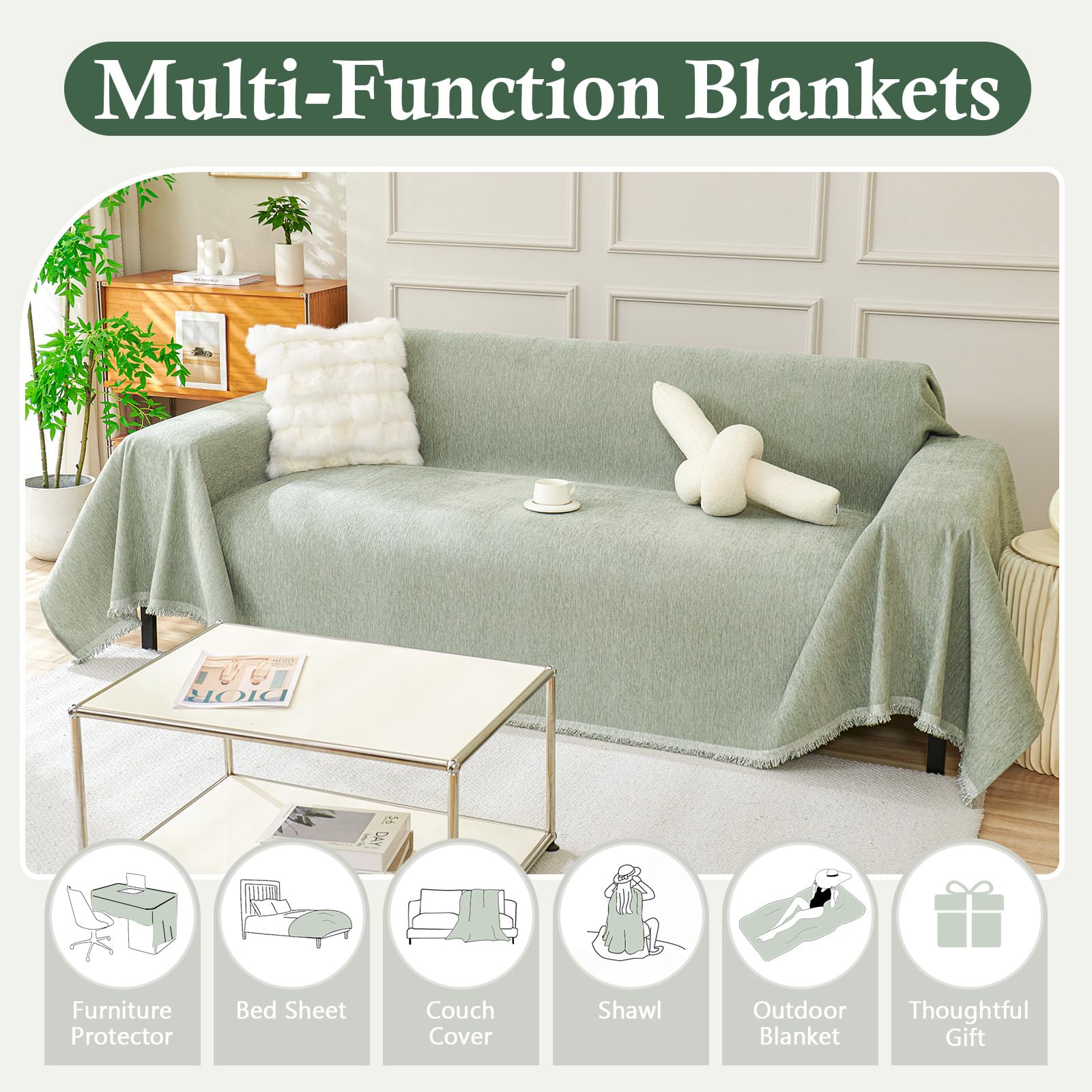 TAOTAOGO Sofa Cover 2 3 Seater Chenille Corner Sofa Slipcover Washable L Shape Sofa Covers Sectional Couch Cover with Tassel Furniture Protector for Pet Loveseat Futon Cover F Green 180x300cm - Image 4