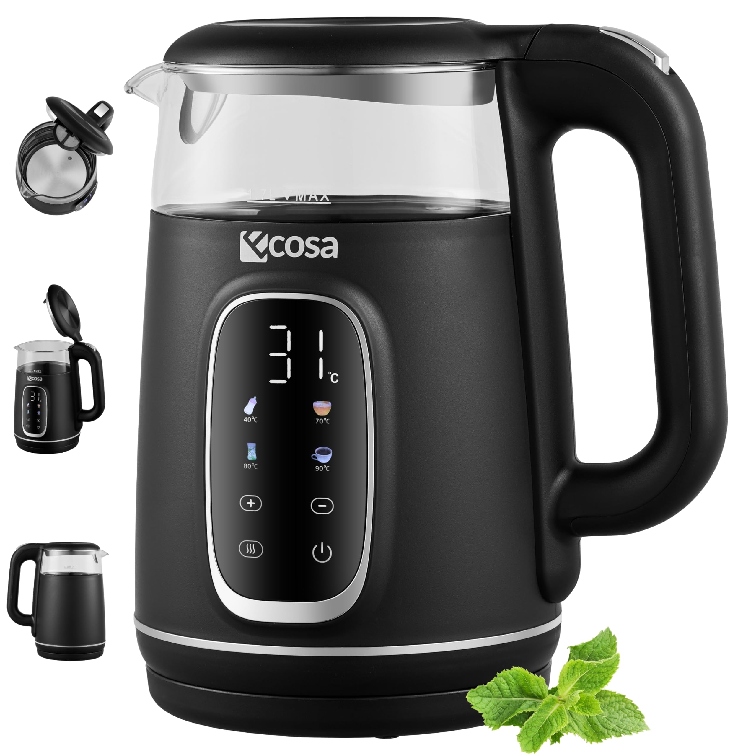 Ecosa® Wasserkocher mit Temperatureinstellung Glas Edelstahl - Teekocher - 1,7 Liter 2.200 Watt - BPA Frei mit Temperaturwahl 40°C-100°C - Warmhaltefunktion LED Beleuchtung (Black Pearl)