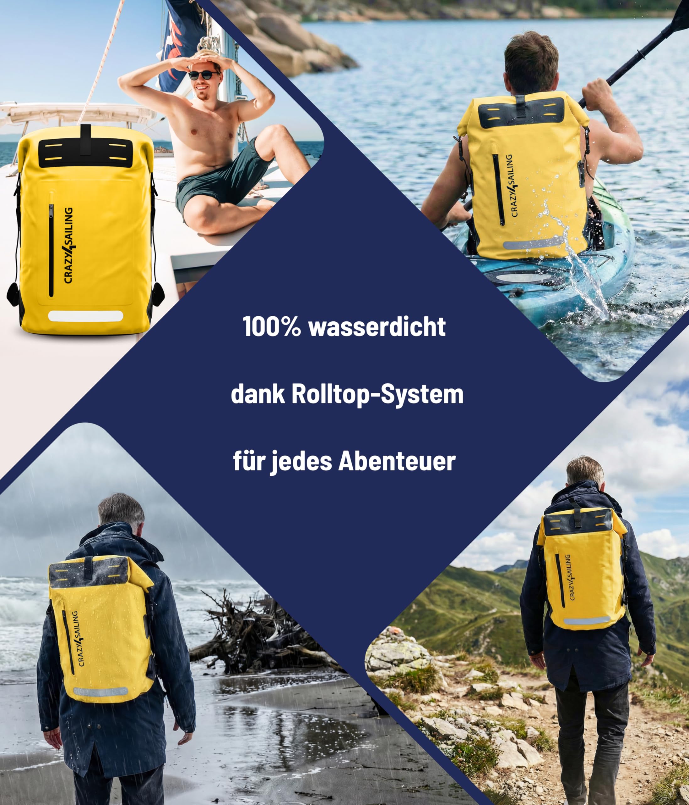 crazy4sailing Mochila impermeable de PVC 35 L/55 L – Mochila de exterior para barco, vela, camping y ciclismo – Bolsa de lona resistente al agua de PVC en 6 colores, amarillo, 55 Liter, Mochila