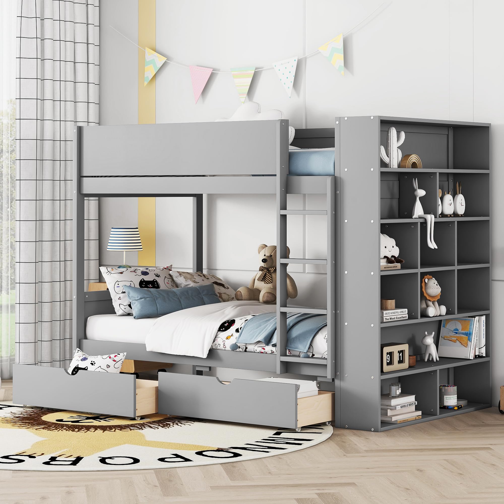Merax Bunk Bed Twin Over Twin, Bunk Bed with Storage Bookcase, Wood Bunk Bed Frame with 2 Drawers and Multi-Layer Cabinet, Gray