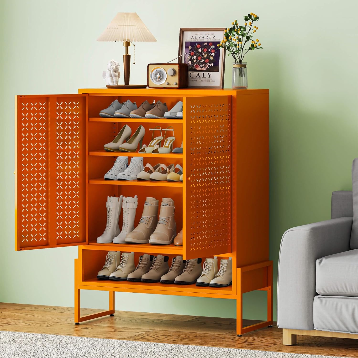 Heavy-Duty Metal Shoe Cabinet with Doors and Adjustable Shelves, Modern Shoe Storage Cabinet for Entryway