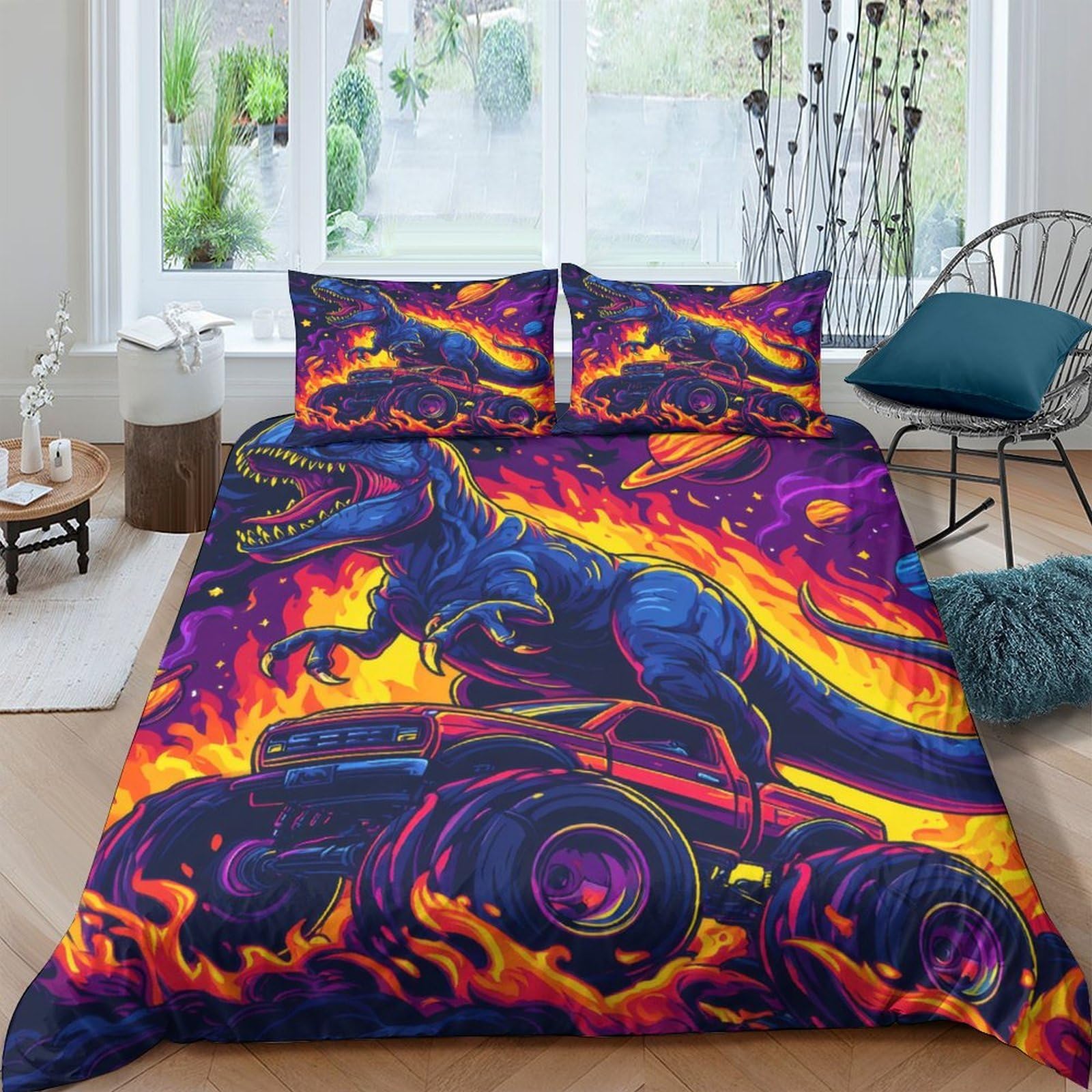 Ctjqhvkz Style-9 3D Printed Dinosaur Fire Fitted Sheet Microfiber Soft Anti-Slip Monster Truck Bed Cover For Bedroom Dorm Decor Single（135X200cm）