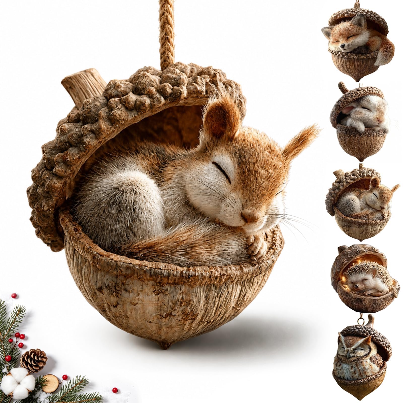 2D Forest Animal Acorn Ornaments, Resin Woodland Christmas Decor，Squirrel