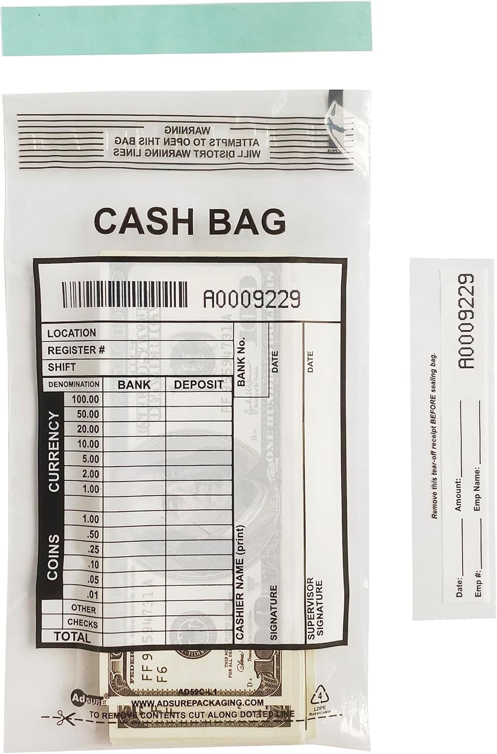 Clear Plastic Small Bank Deposit Bags For Cash | Pack of 1000 | 5"x9"|Tamper Evident Bags | Write-On Panel and Tear-Off Receipt | Ideal for Cash Handling - Image 2