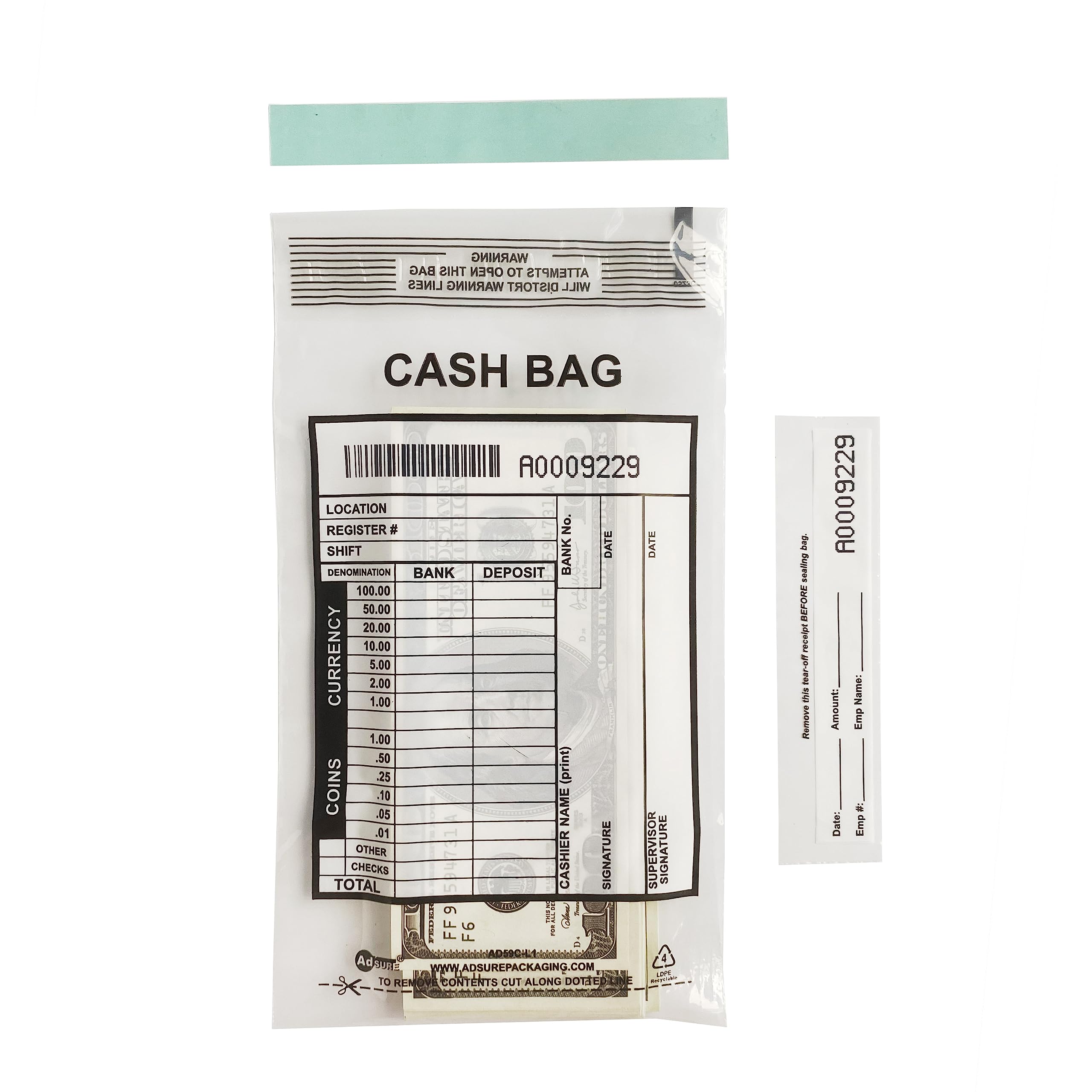 Bolsas de depósito para dinero en efectivo, paquete de 1000 unidades, 5 x 9 pulgadas, bolsa de plástico transparente a prueba de manipulaciones, panel de escritura y recibo extraíble, sobres de