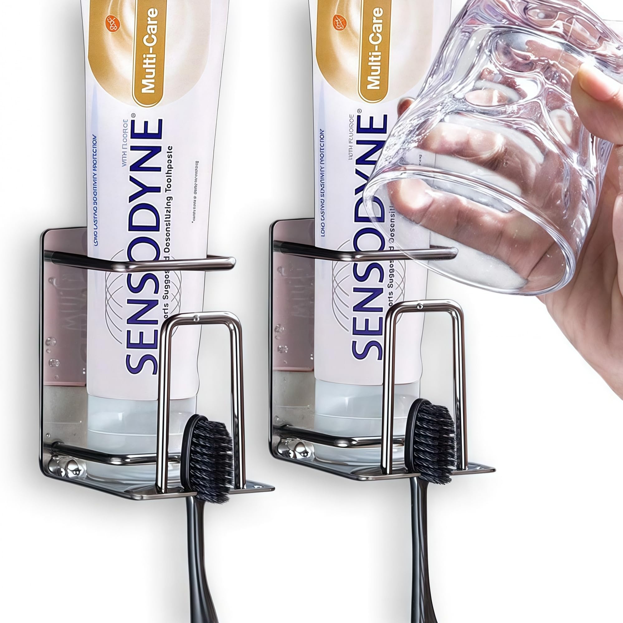 2 Pack Toothbrush Holder 304 Stainless Steel Adhesive Wall Mounted 3 in 1 with Toothbrush Holder Toothpaste Holder and Cup Holder for Bathroom Shower