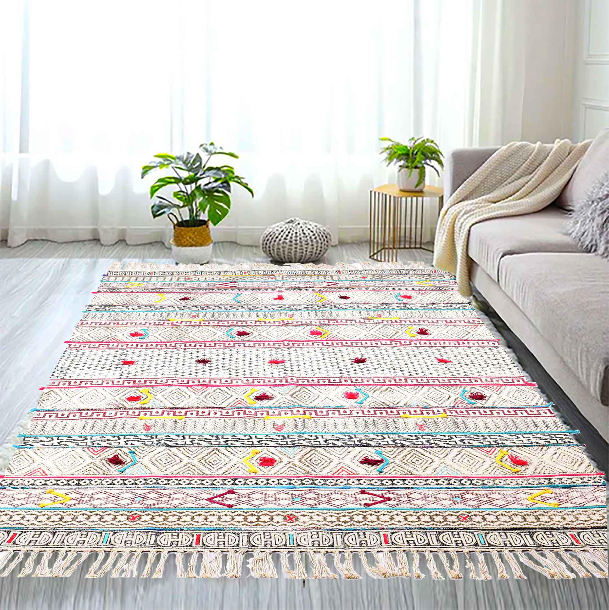 Mandala Life ART 4' x 6' Bohemian Décor Cotton Area Rug with Hand Embroidery and Fringes - Boho Chic Carpet - Decorative Tribal Piece for You Living Room, Bedroom, Patio or Kids Room